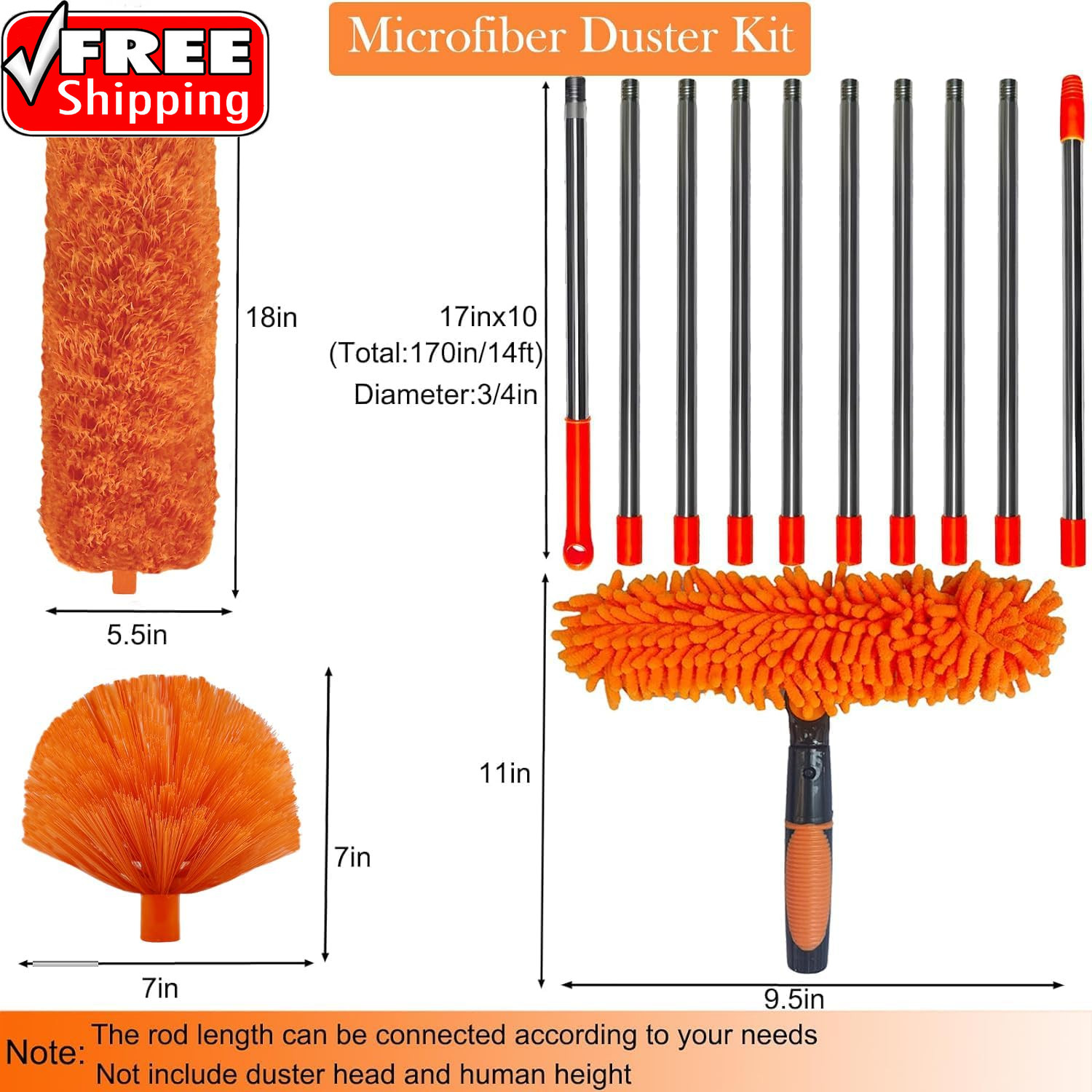 20+ Feet High Reach Dusting Kit with 3-14 Ft Extension Pole //2 in 1 Window Clea