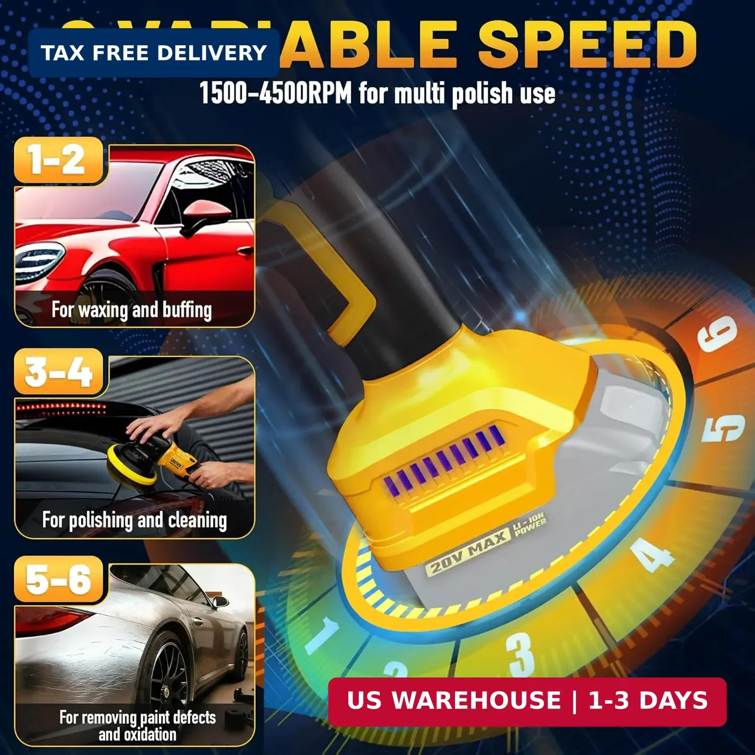 Cordless Buffer Polisher for Dewalt 20V Battery (No Battery), 7500RPM | 6-Speed
