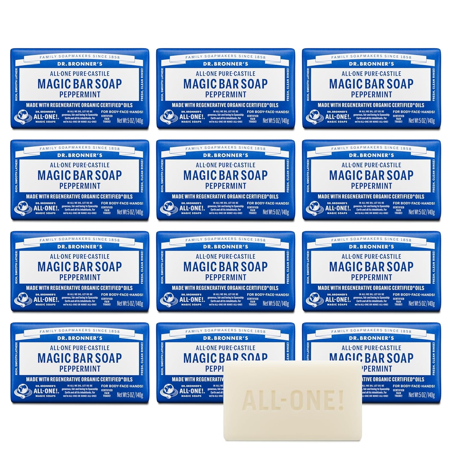 Dr. Bronner’s Pure-Castile Magic Bar Soap (Peppermint, 5oz, 12-Pack) ?C Made wi