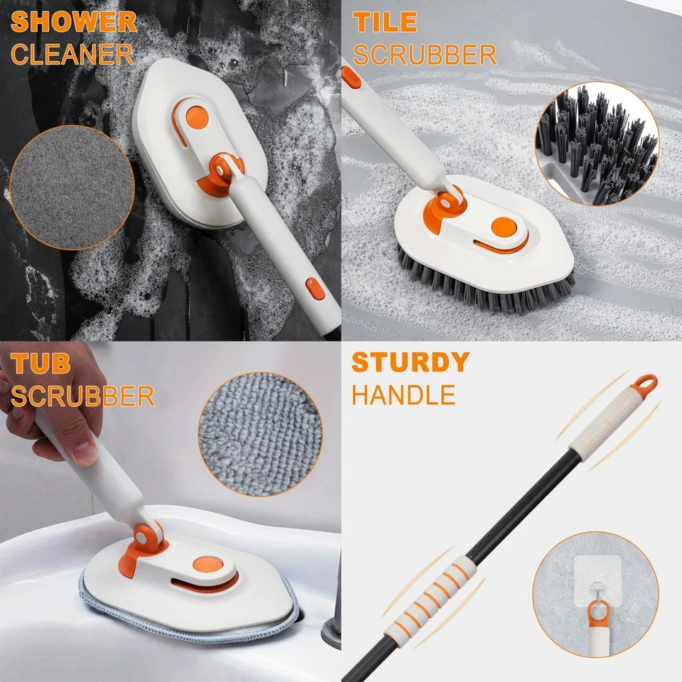 Tub Scrubber Brush with Long Handle 3-in-1 Non Scratch Shower & 5 Detachable