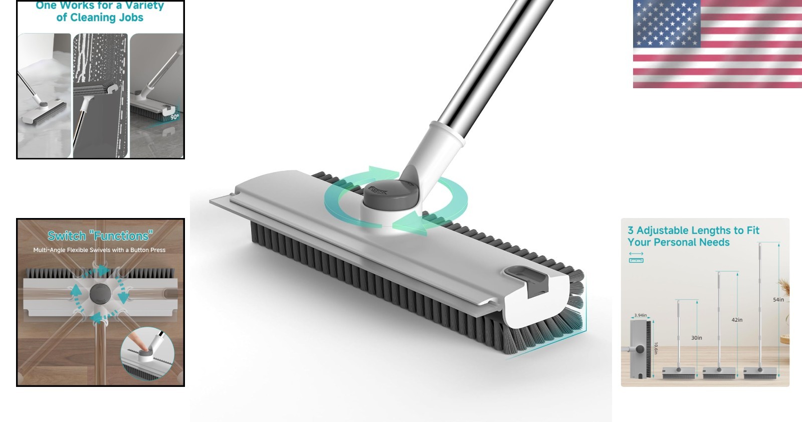 Floor Scrub Brush with Long Handle Adjustable 3-in-1 Heavy-Duty Floor Cleaner