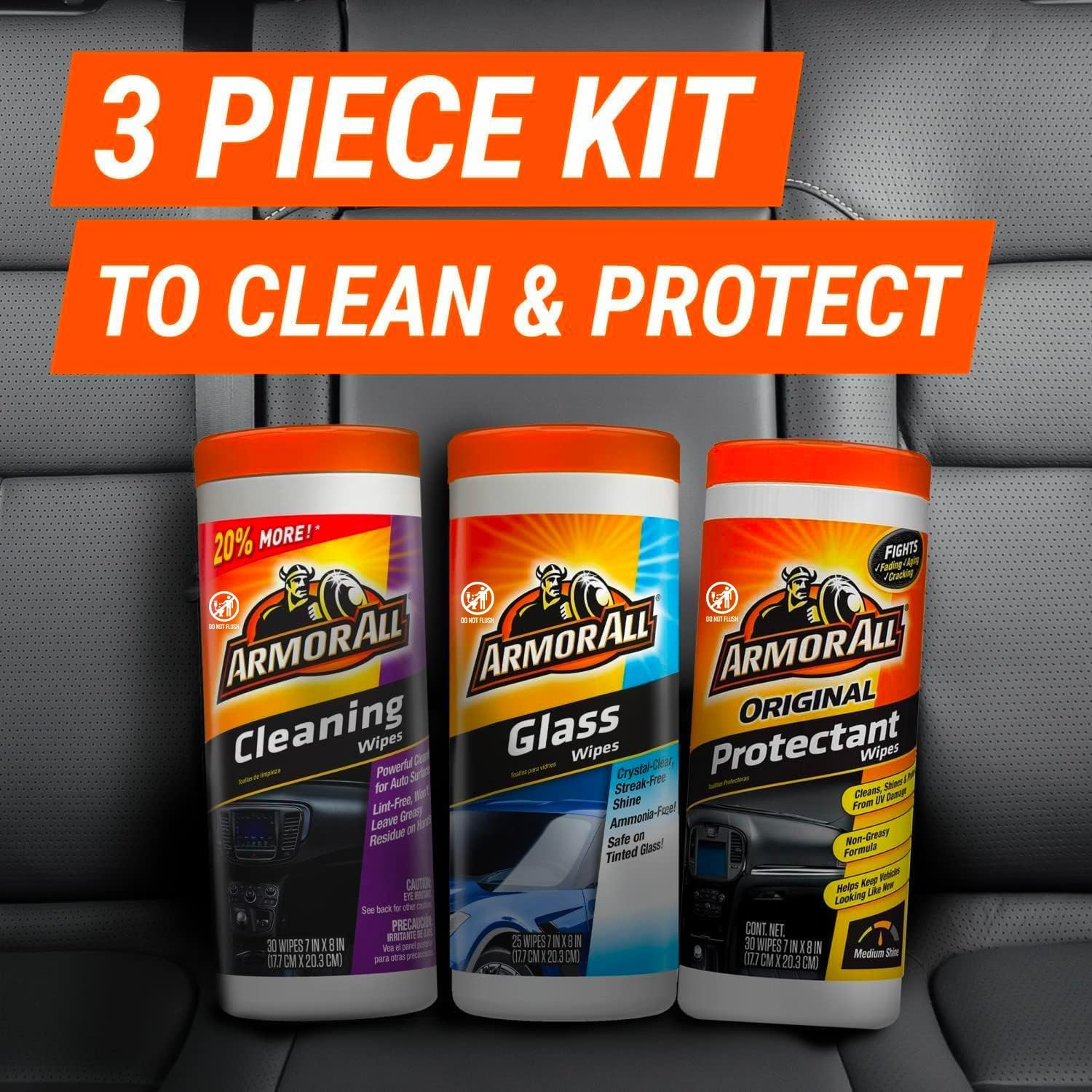 Protectant, Glass and Cleaning Wipes, Wipes for Car Interior and Car Exterior, 3