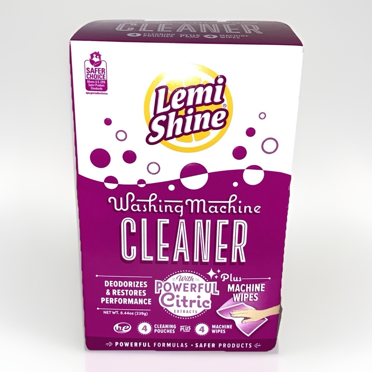 Lemi Shine ~ Washing Machine Cleaner ~ 4 Cleaning Pouches + 4 Machine Wipes