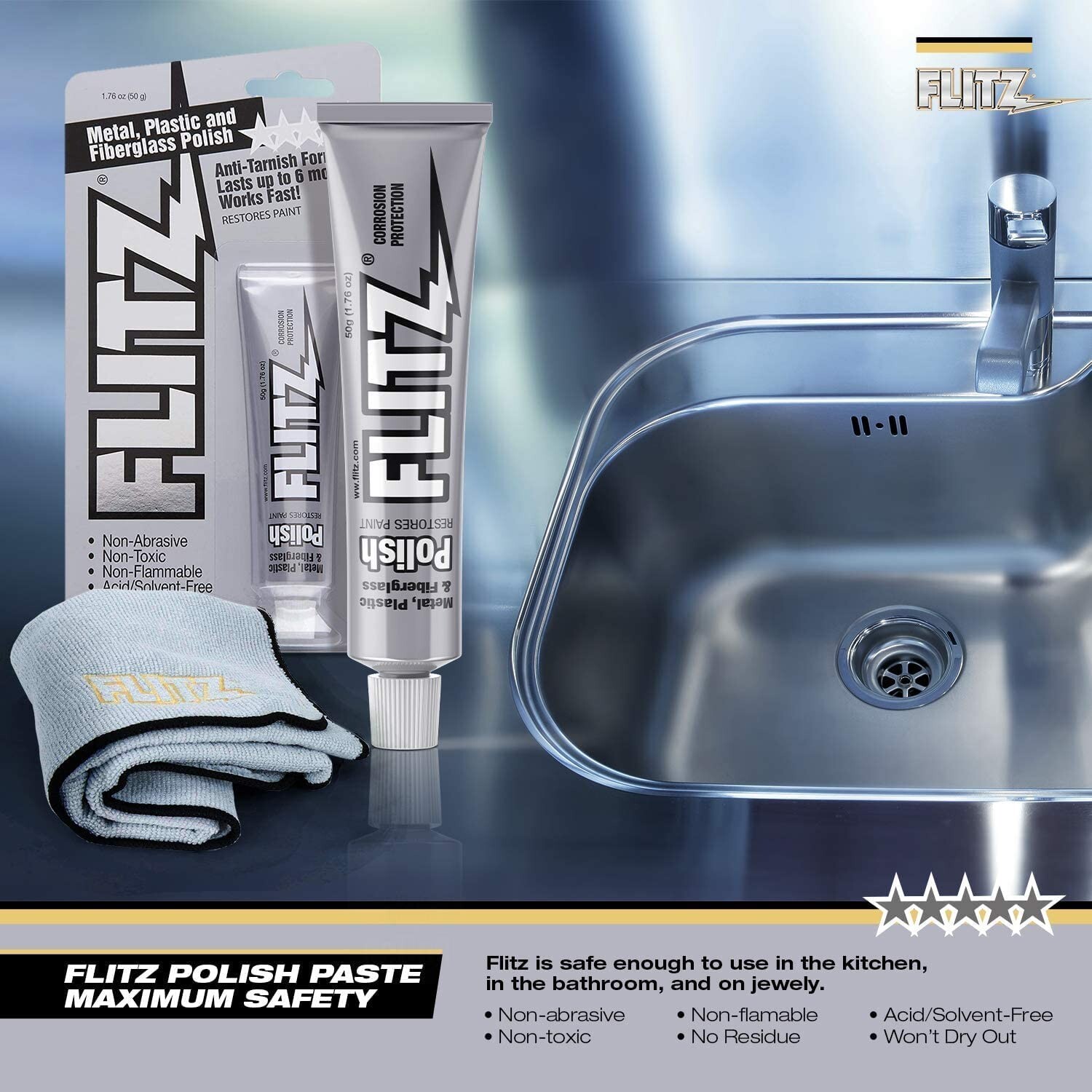 Flitz Metal Polish 3PK Plastic, Fiberglass Cleaning Waxing Paste 1.76 oz. Tube