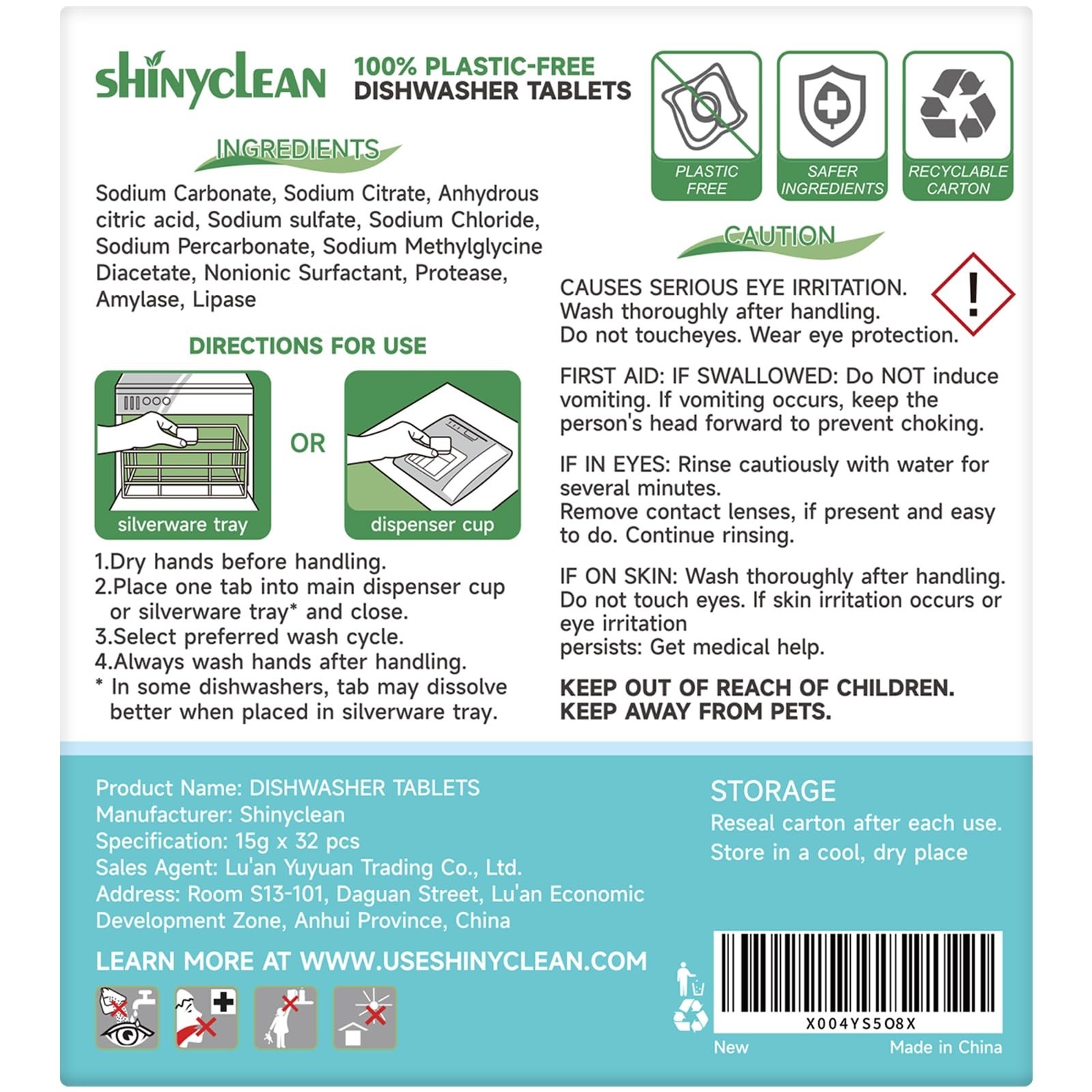 Plastic-Free Dishwasher Tablets 32 Count | All-in-One Pods, Enzyme-Powered, Phos