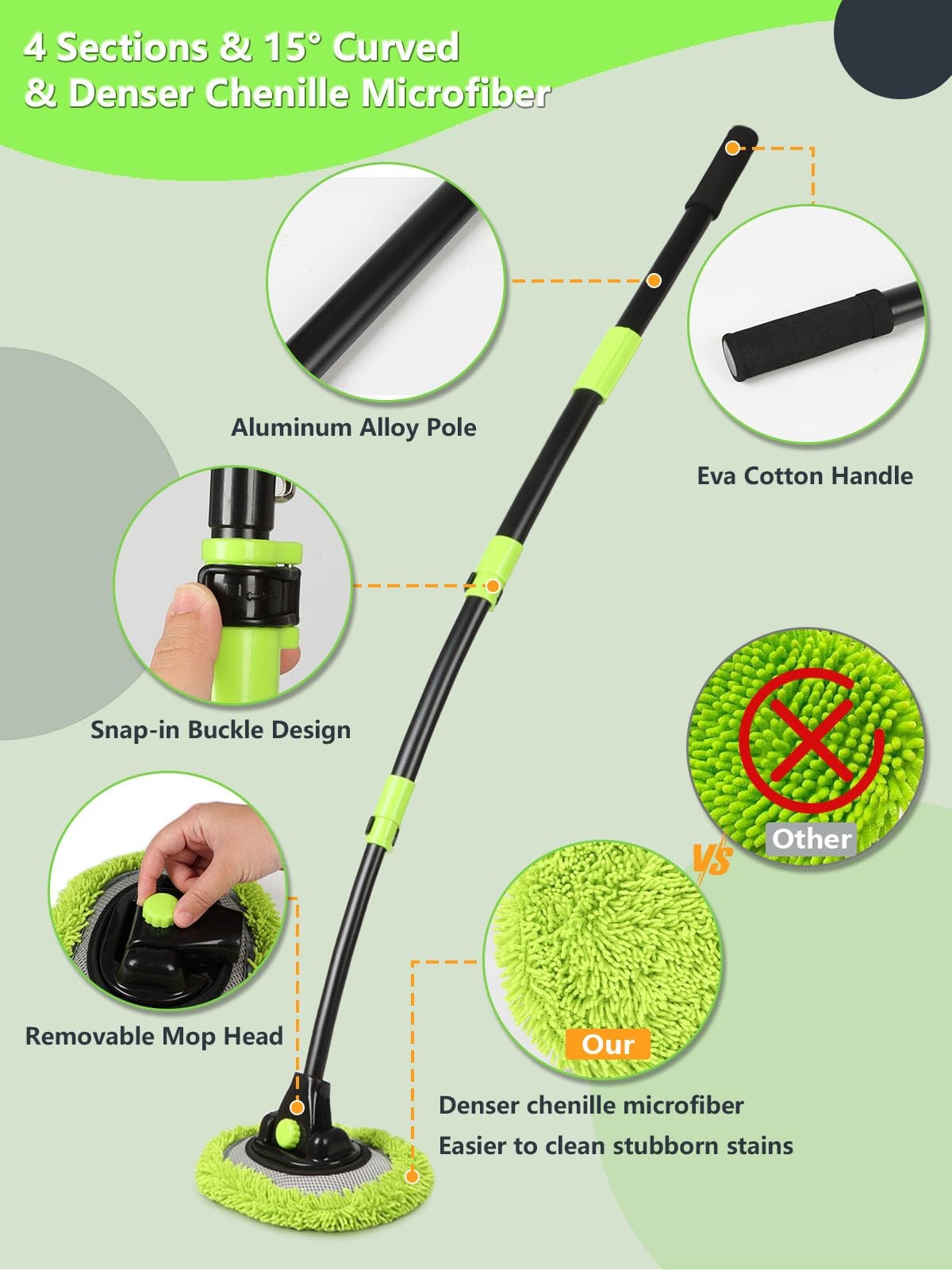 4 Section Car Wash Brush Mop Telescopic Handle Microfiber RV Truck Cleaner