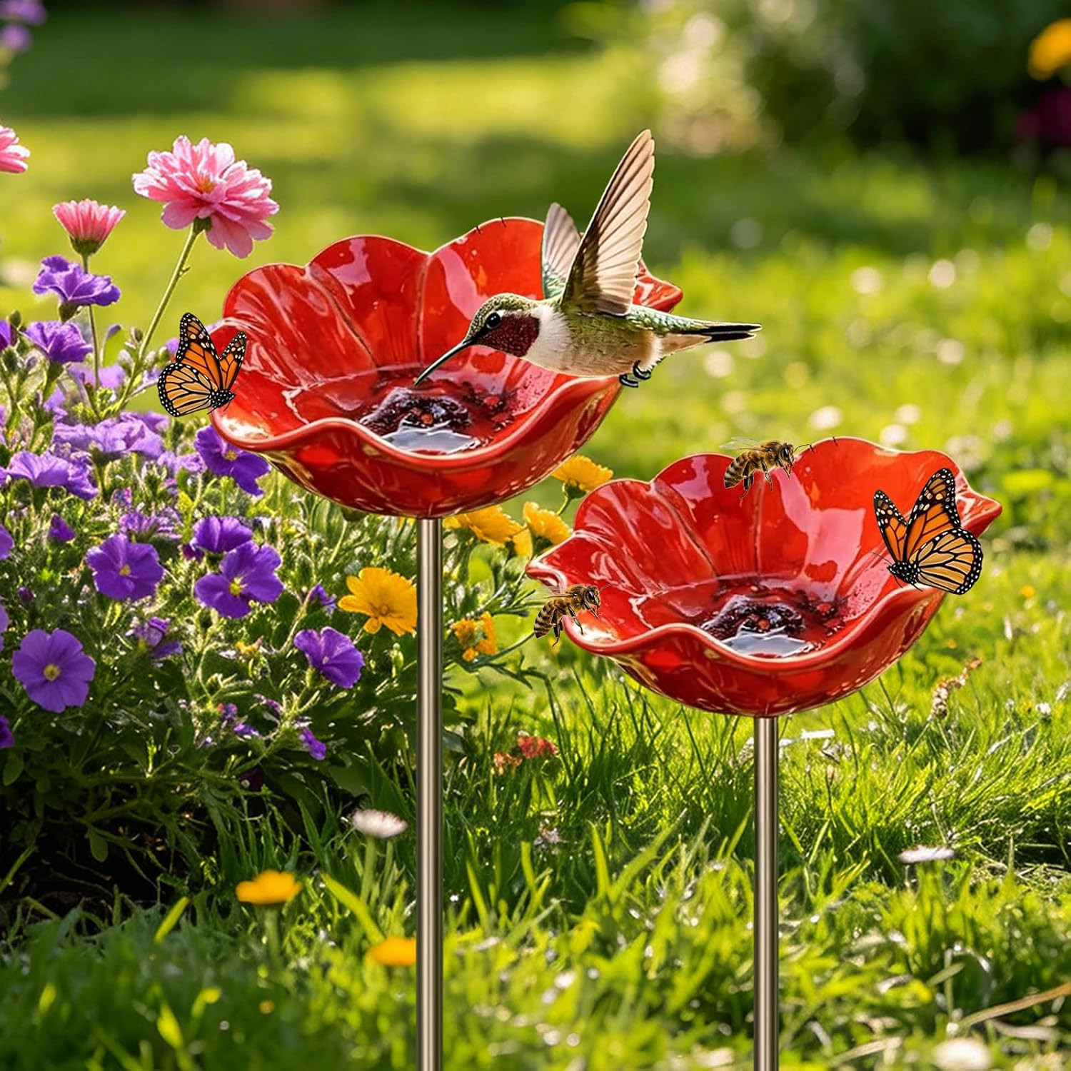 Small Bird Bath for Outsides, Handmade Metal Flower Garden Stake Birdbaths & Fee