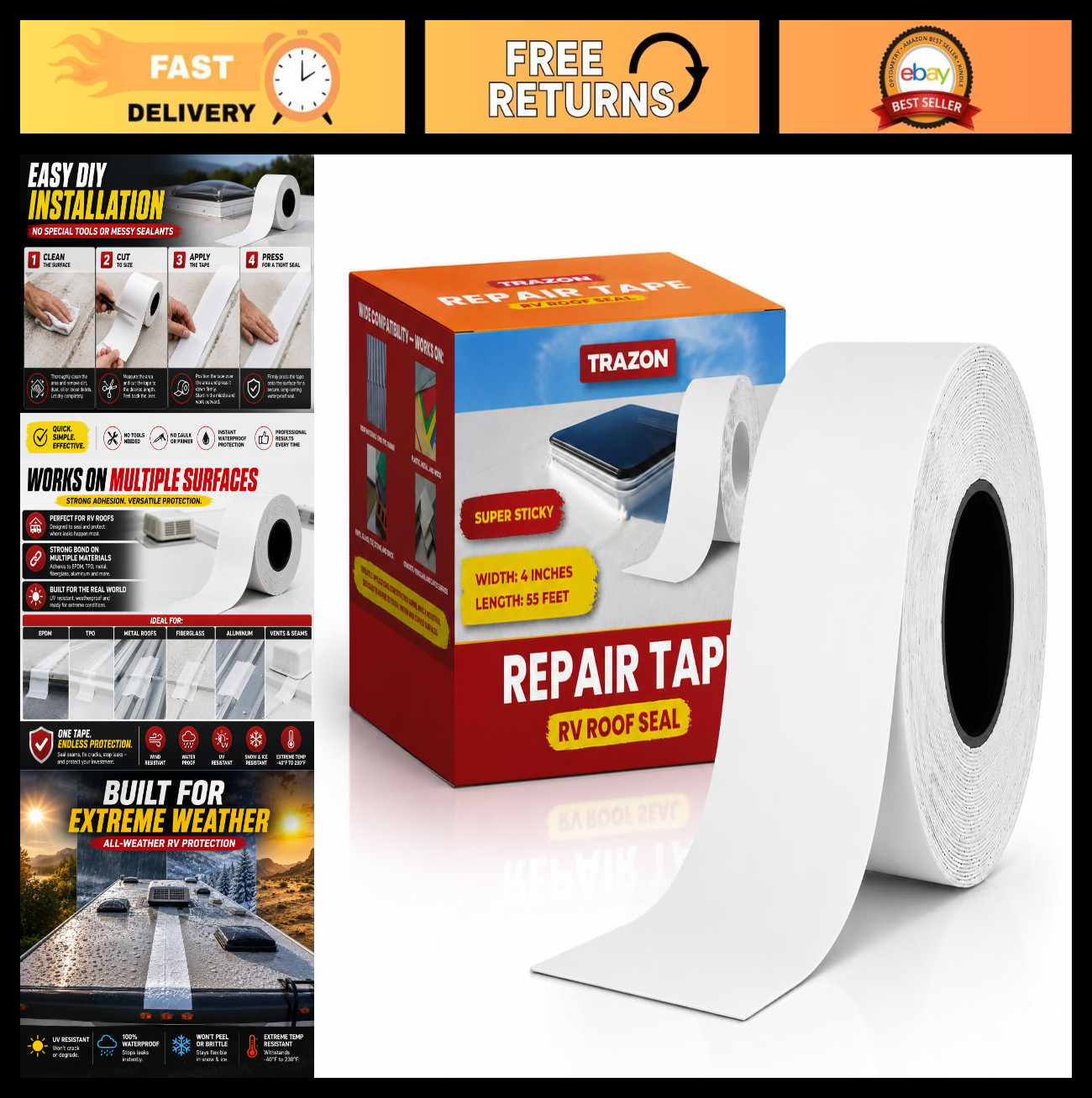 4″ x 55′ Waterproof RV Roof Seal Tape – UV Resistant Butyl Sealant for DIY Repai