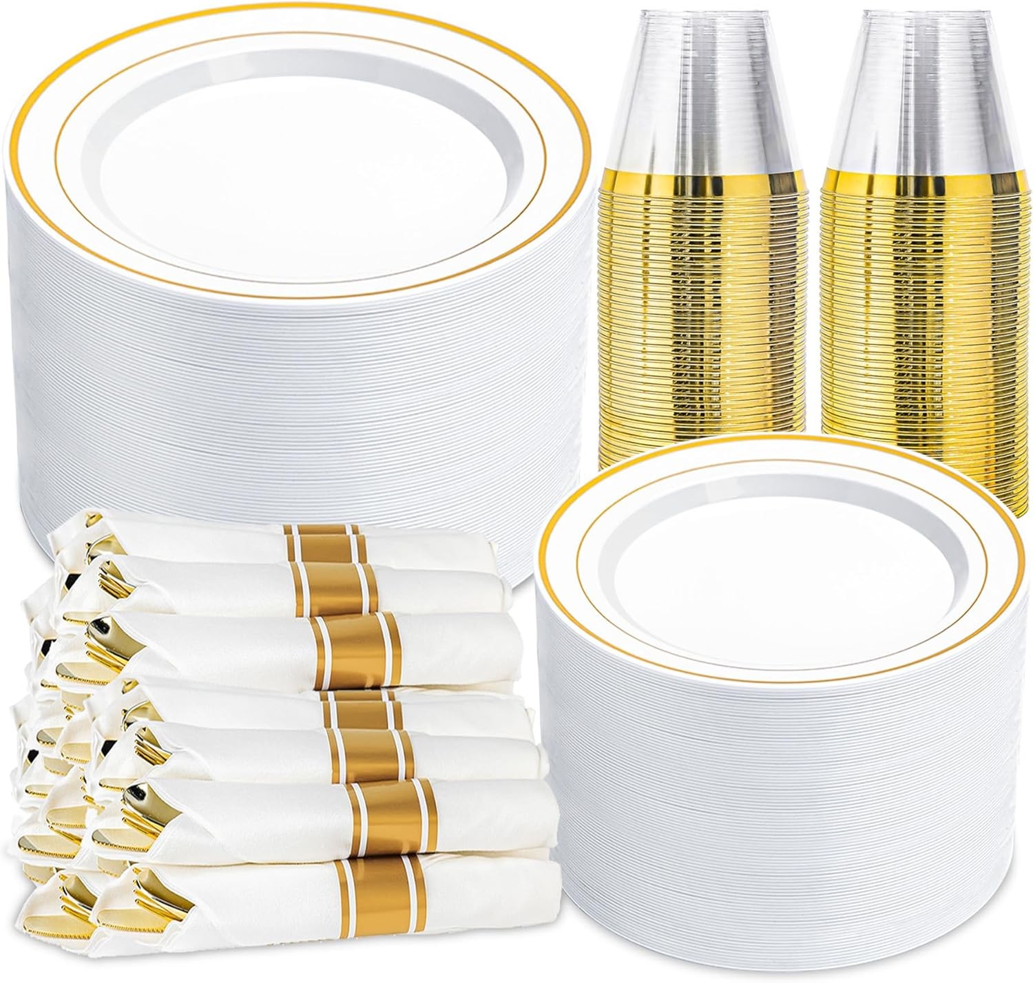 350 PCS White and Gold Plastic Dinnerware Set for 50 Guests, Disposable Party