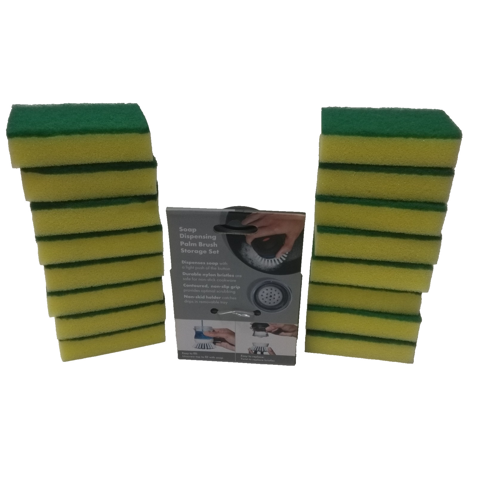 Oxo soap dispensing palm brush storage set and 16 Unbranded Scrub Sponges