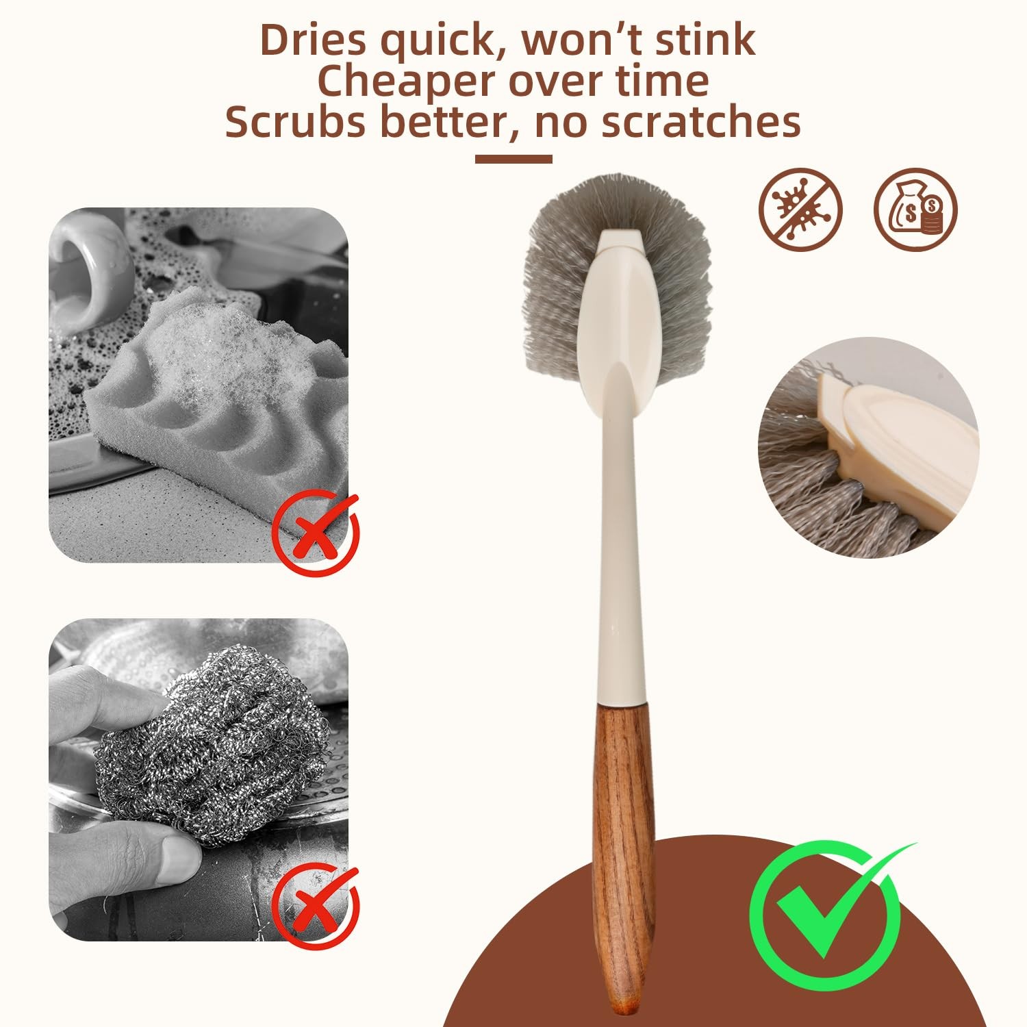 Scrub Brushes Set of 4 with Wooden Handles, Triangle & Square – Medium-Firm
