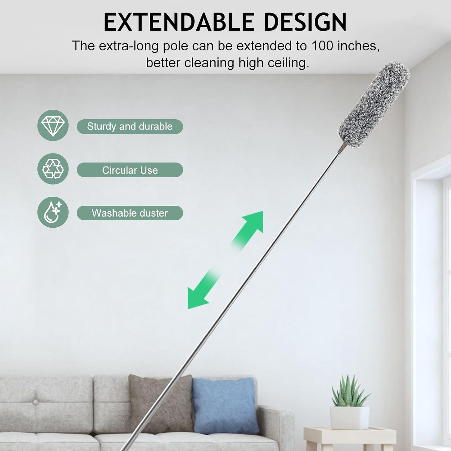Telescoping Microfiber Duster 100-Inch – Ideal for High Ceilings and Furniture