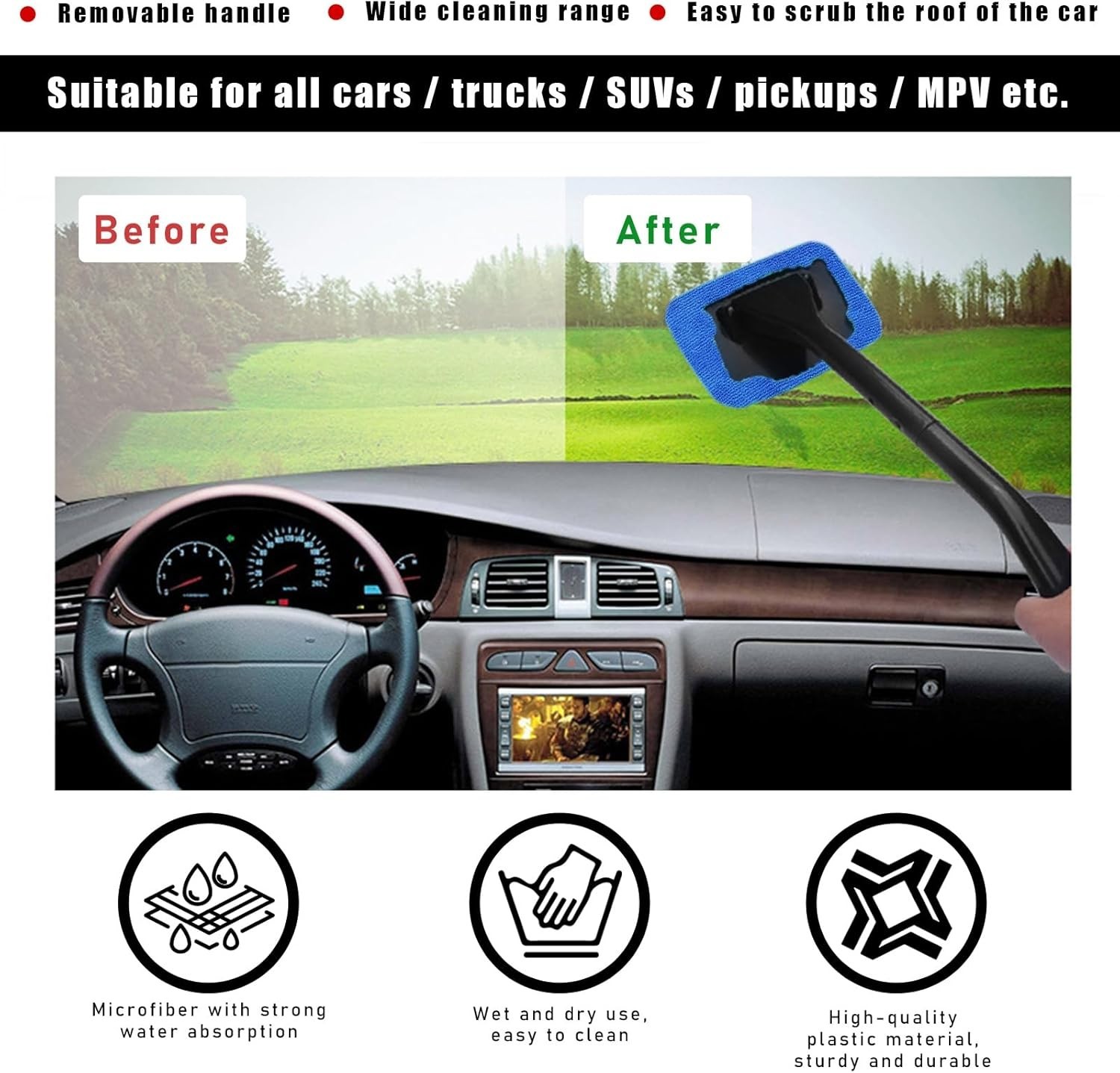 Microfiber Window Cleaner Kit, Auto Glass Wiper, Long Handle, Spray Bottle, 4…