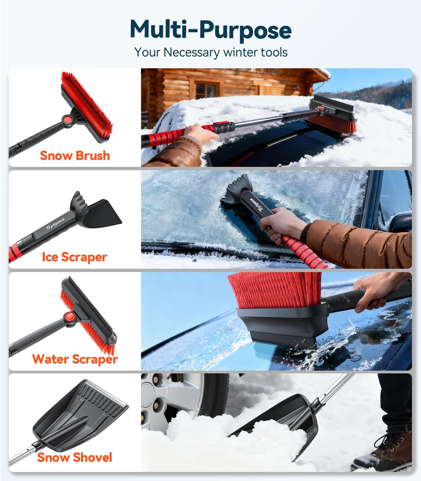 TrySpace All-Around High-Efficiency Cleaning 39 inch Extendable Snow Brush and I