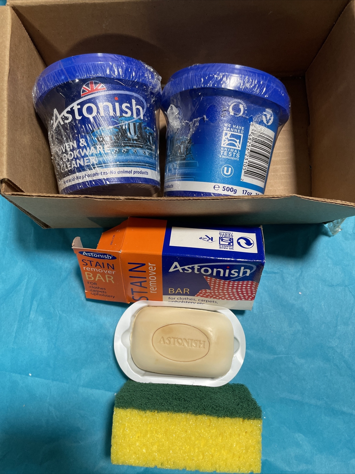 2 New Astonish Oven And Cookware Cleaner 17oz +Stain Remover Bar + Scrubber Set