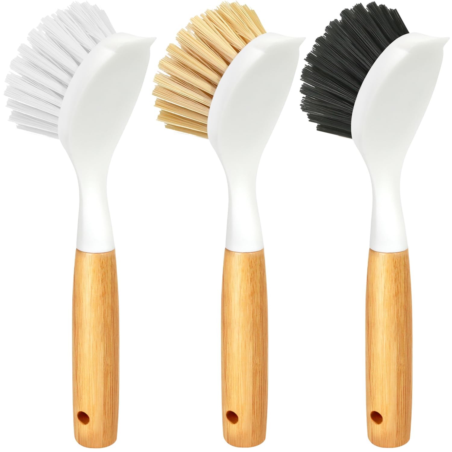 3 Pack Dish Brush Set with Bamboo Handle, Kitchen Brushes for Cleaning