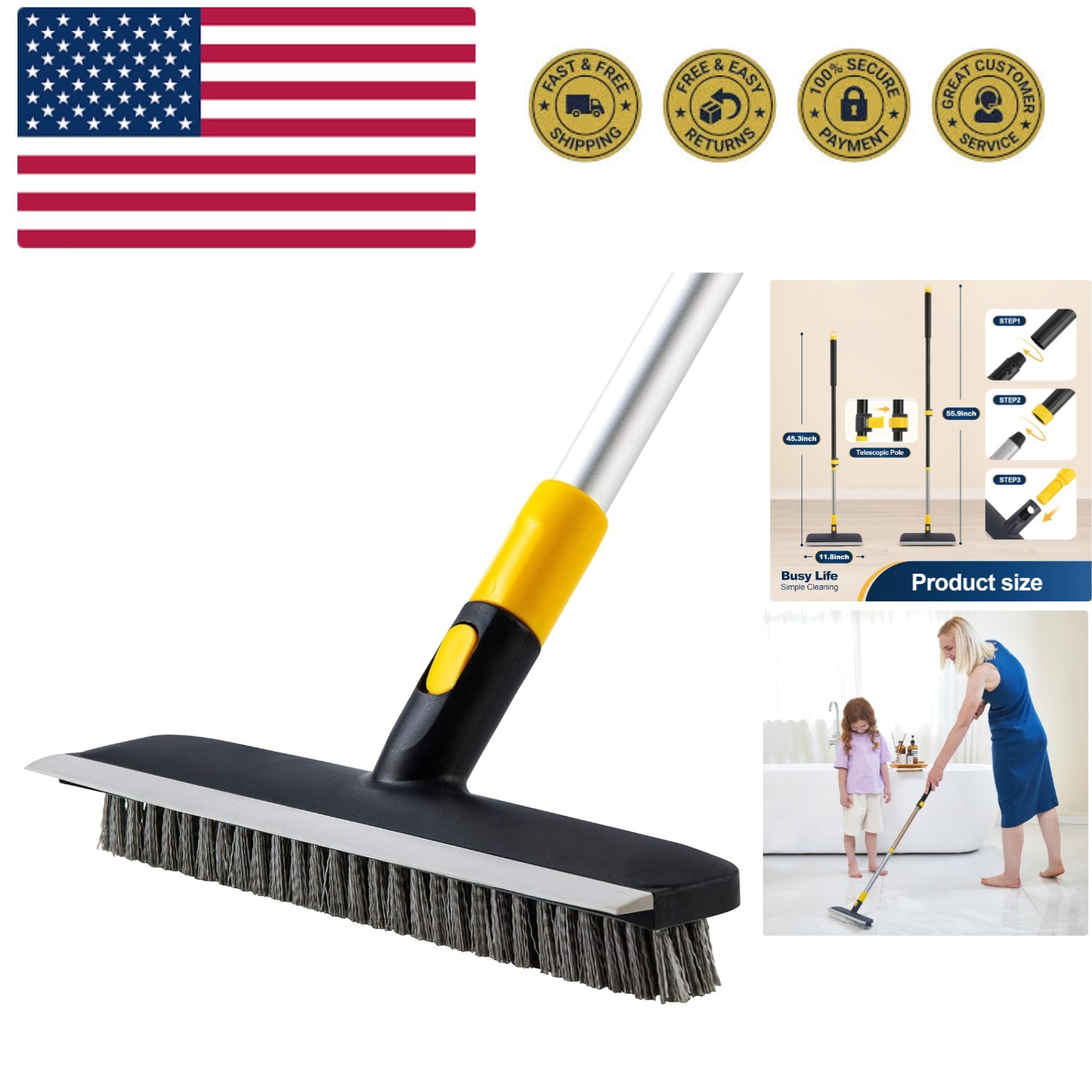 Floor Scrub Brush Telescopic Handle 2 in 1 Scrape Brush Stiff Bristle Shower …