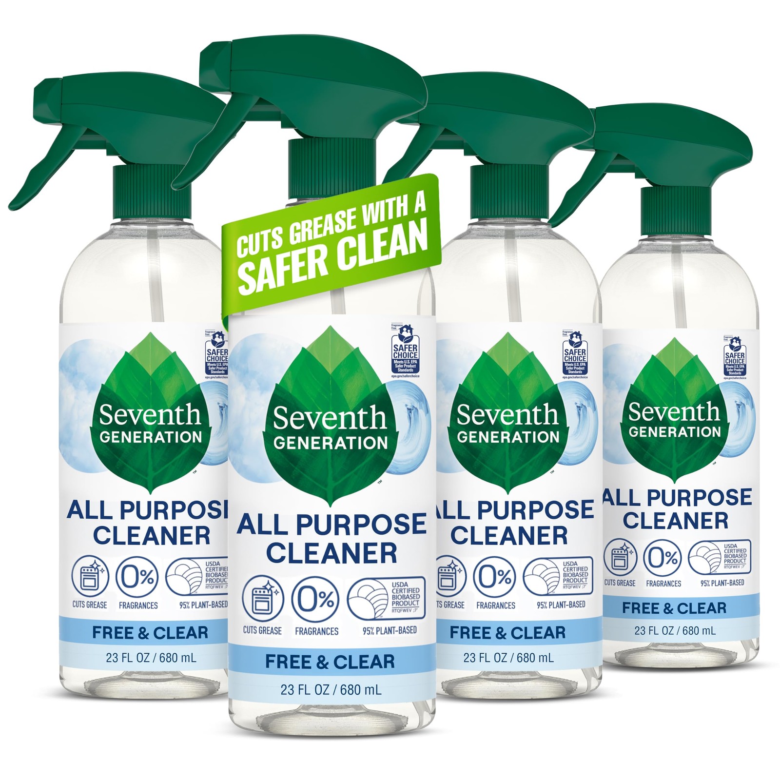 Seventh Generation All Purpose Cleaner, Free & 23 Fl Oz (Pack of 4), White
