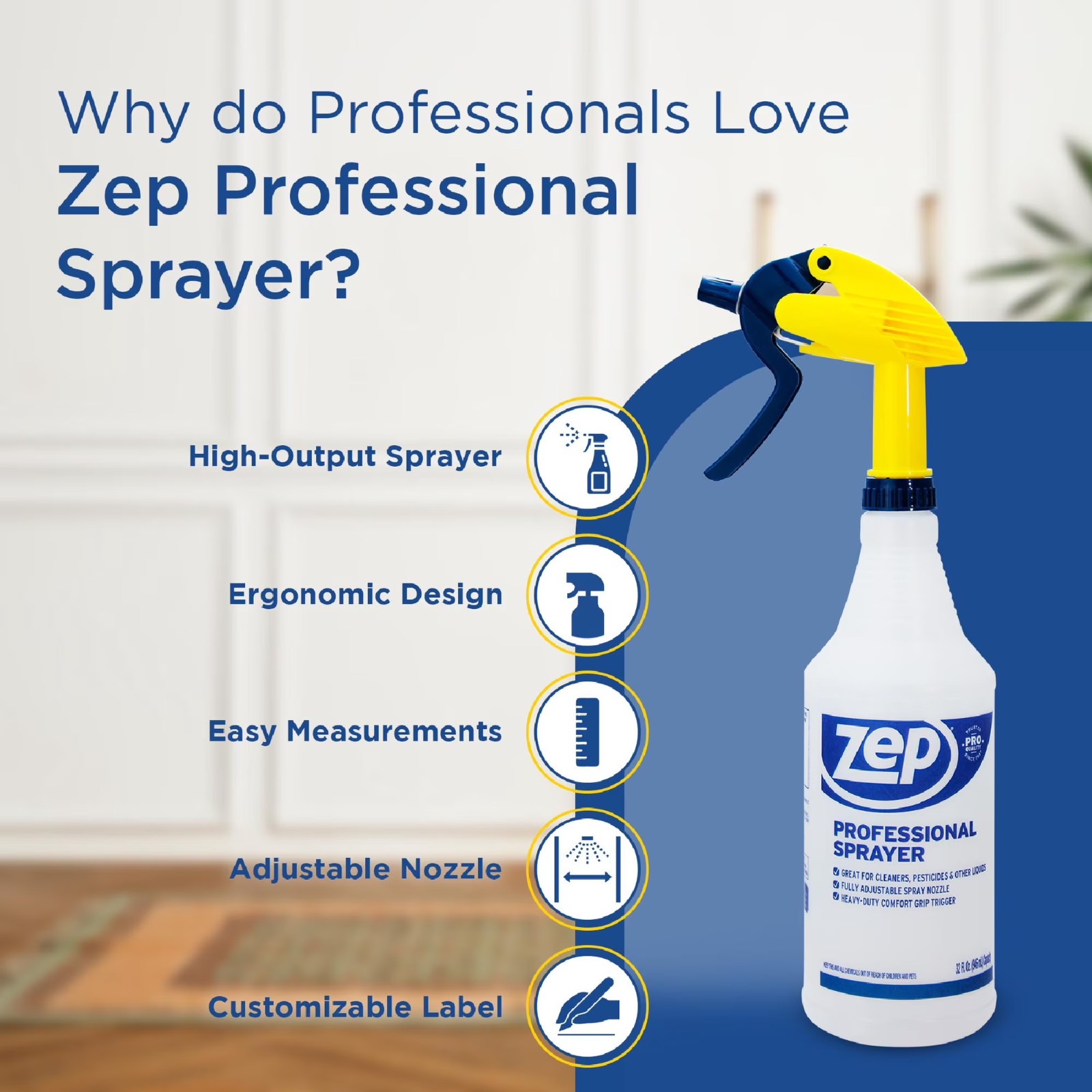 Zep Professional Plastic Spray Bottle, 32 oz, Adjustable Nozzle, Comfort Grip