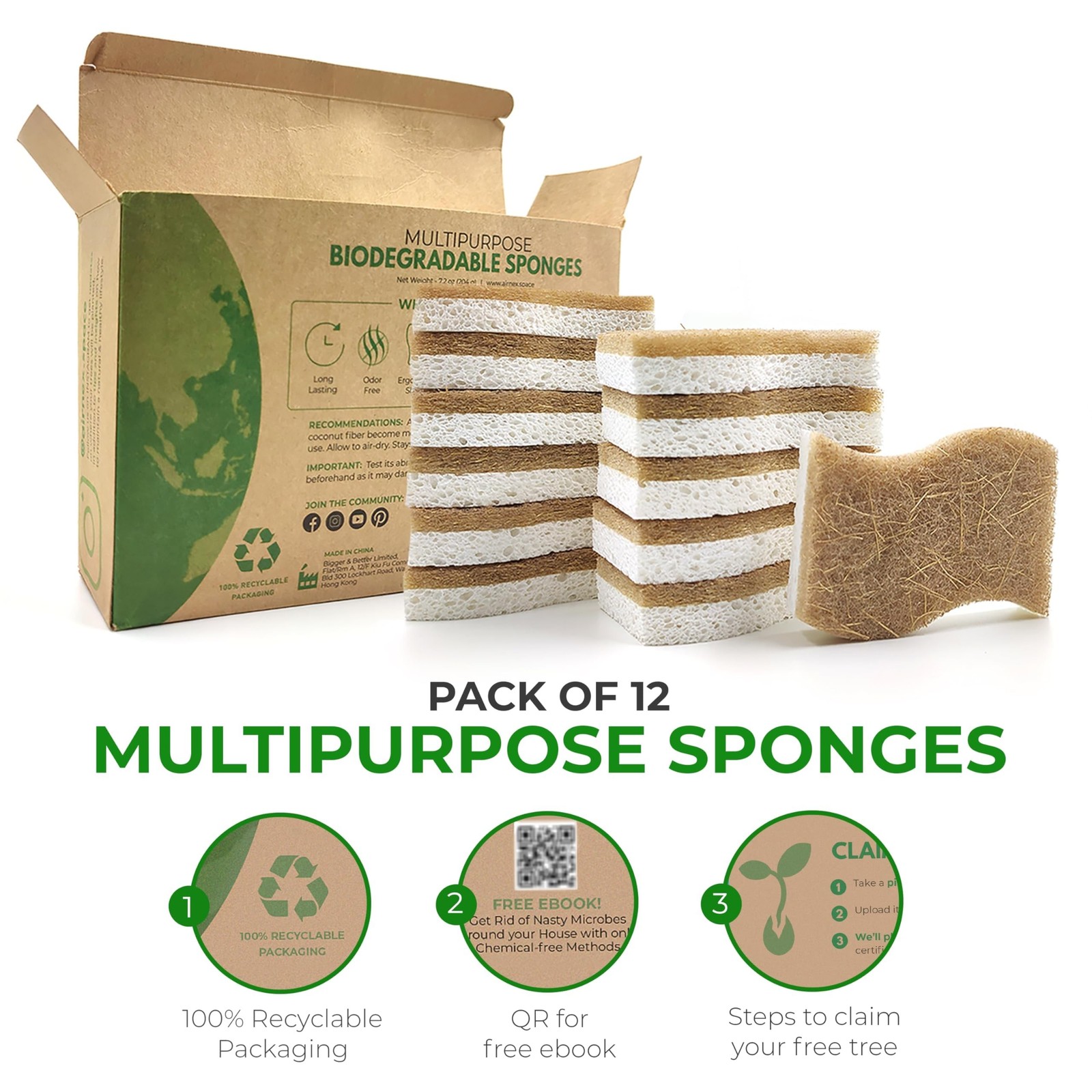 AIRNEX Natural Kitchen Sponges (12 Pack) – Biodegradable Cellulose & Coconut …