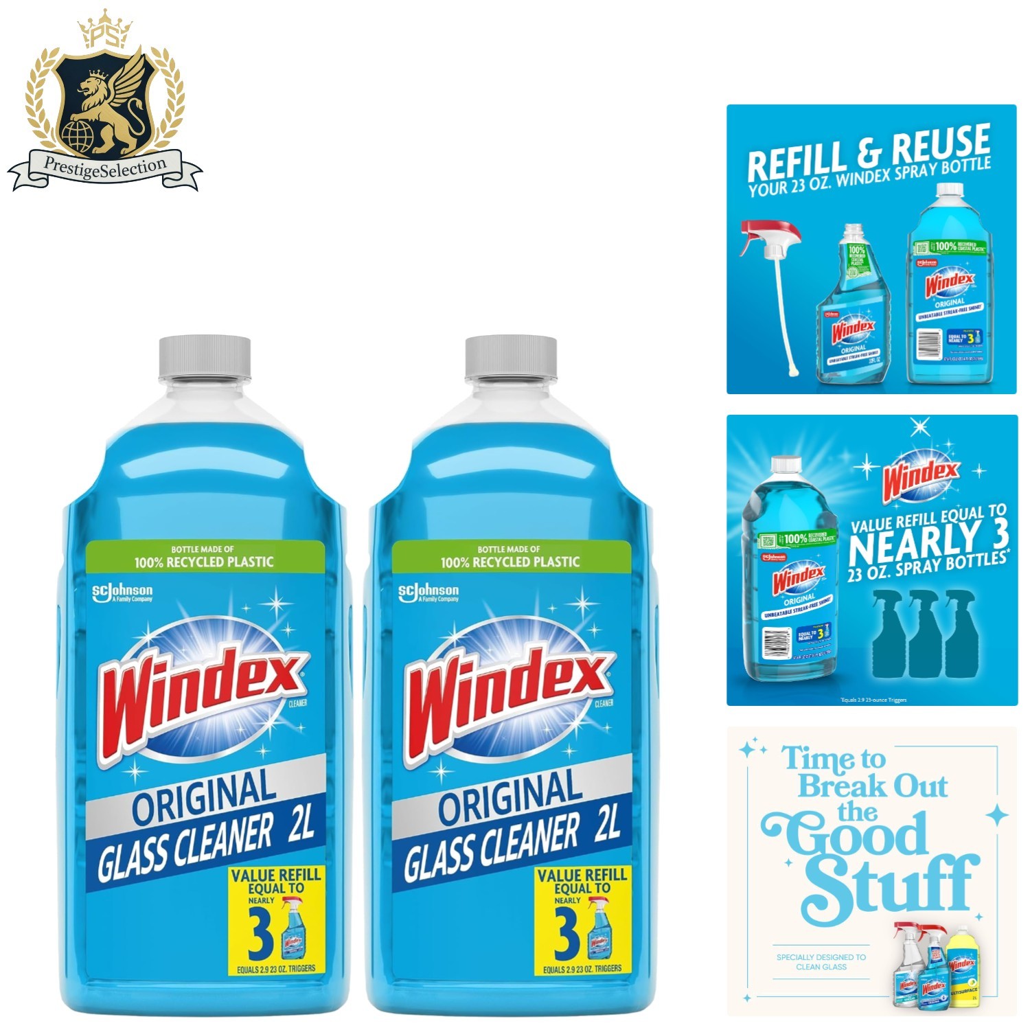 Windex Blue Glass Cleaner Refill – 100% Recycled, 67.6 Fl Oz (2 Pack)