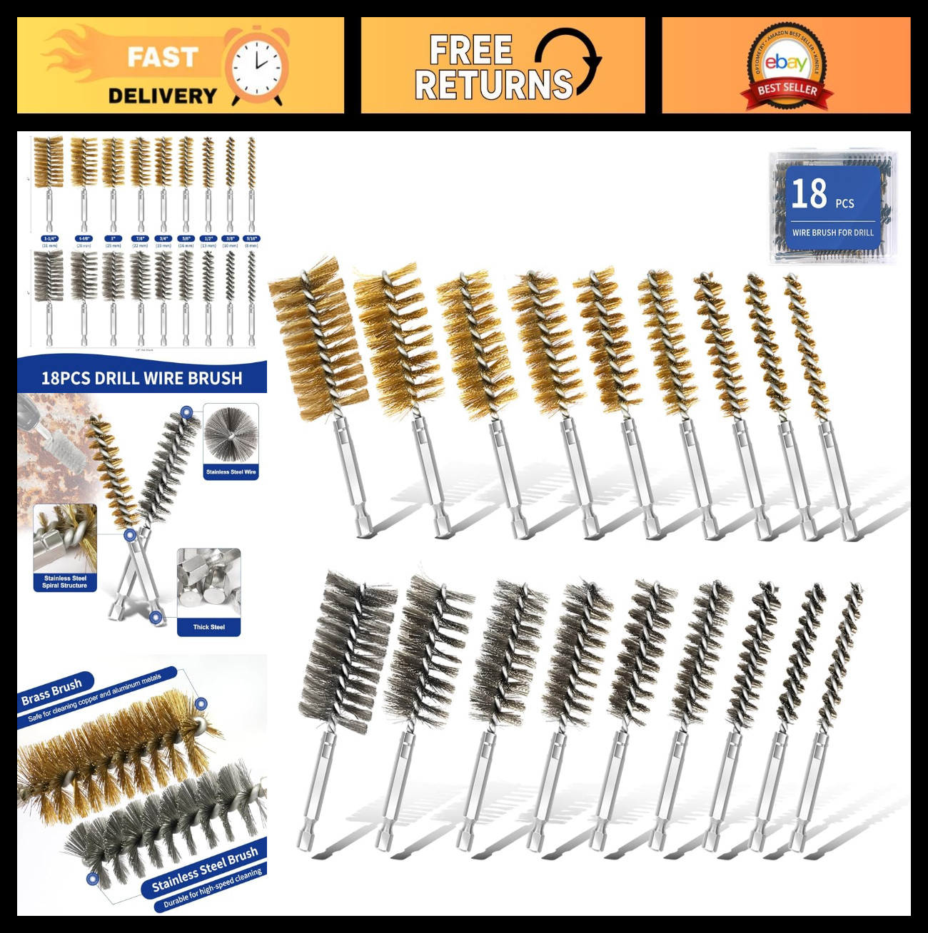 18Pcs Stainless Steel Bore Brush Set for Drill – Rust Cleaning Wire Brush Attach