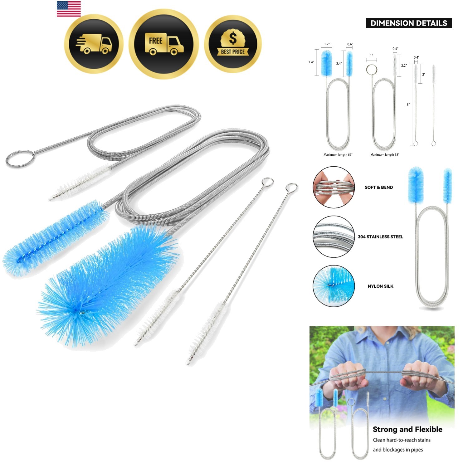 Flexible Drain Brush, 66 Inch Long Double Ended Hose Pipe and 58 Inch Tube Cl…
