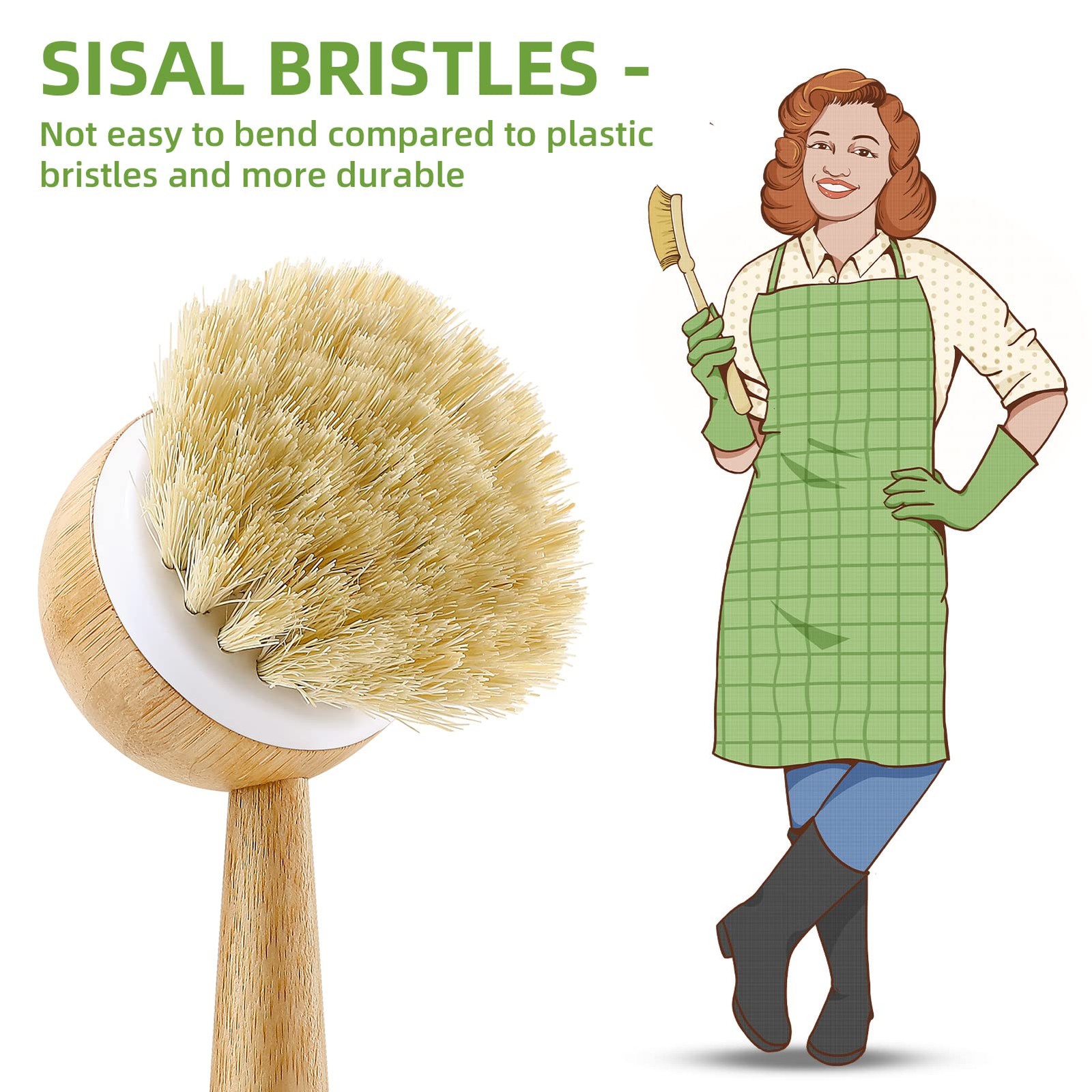 Dish Brush With Handle Natural Bamboo Dish Scrubber Brush Kitchen Dishwashing Br