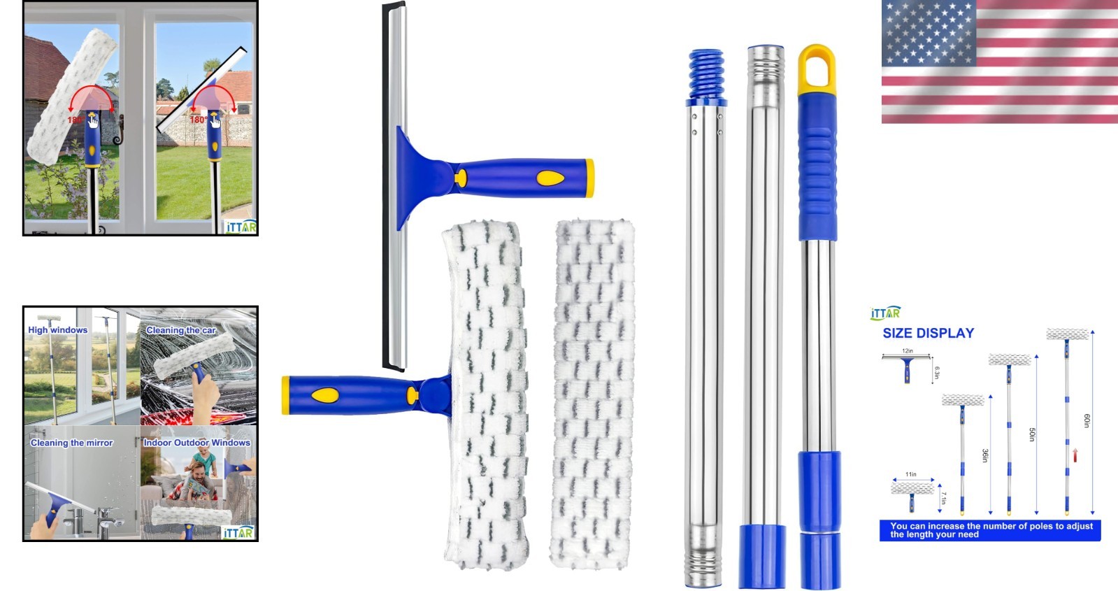 Durable 5Ft Window Cleaner with Extendable Pole & Microfiber Scrubber Set
