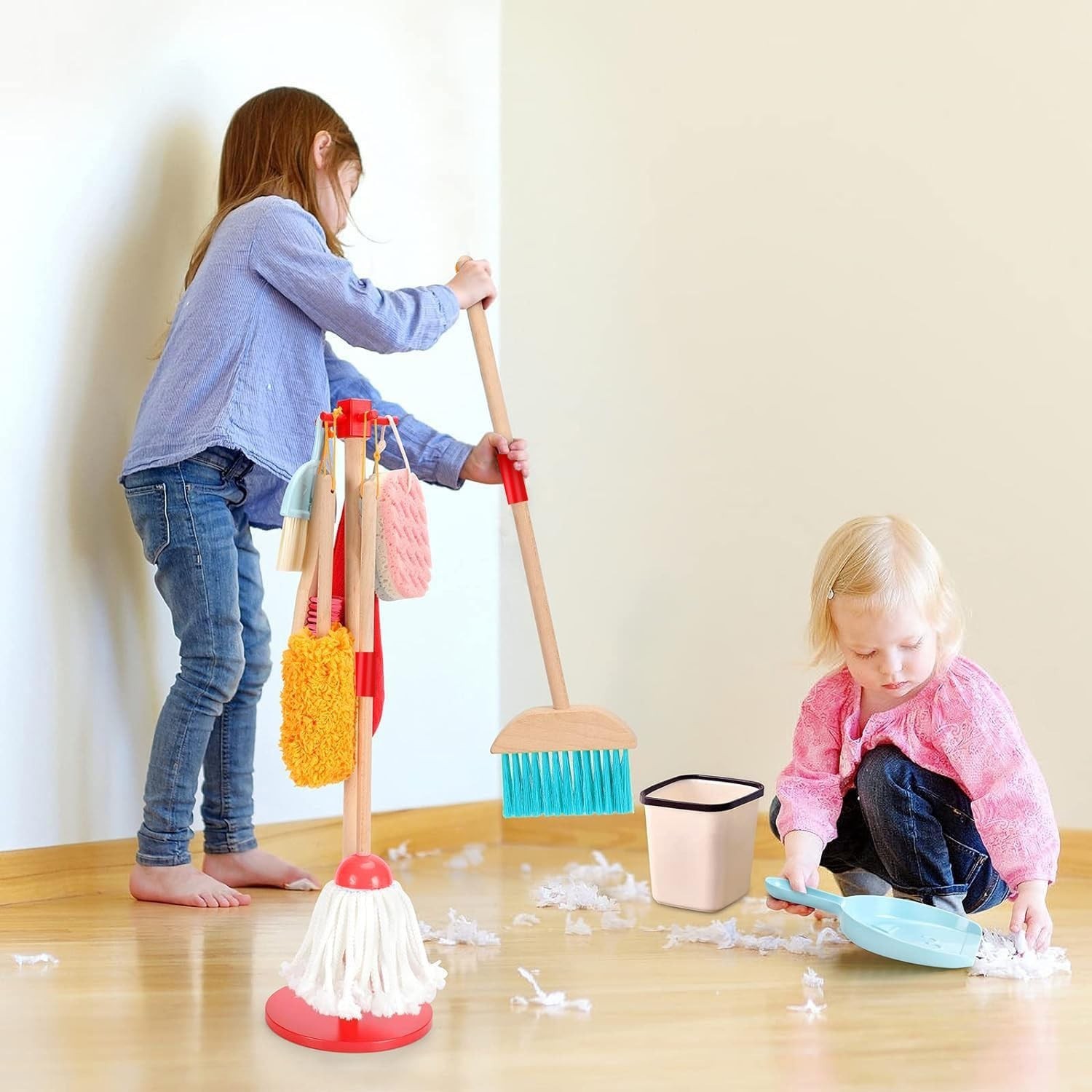 Kids Cleaning Toy Set Wooden Broom and Dustpan 9 Piece Playhouse Housekeeping