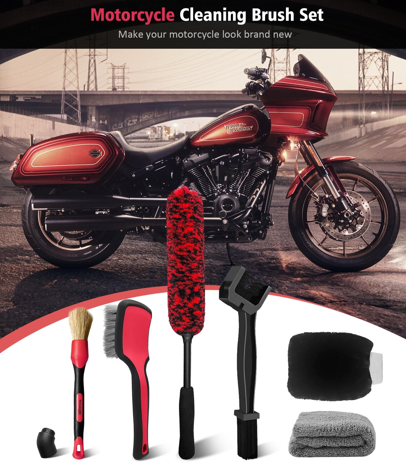 6PCS Motorcycle Cleaning Kit with Boar Hair Detailing Brush-Safe for Chrome,C…