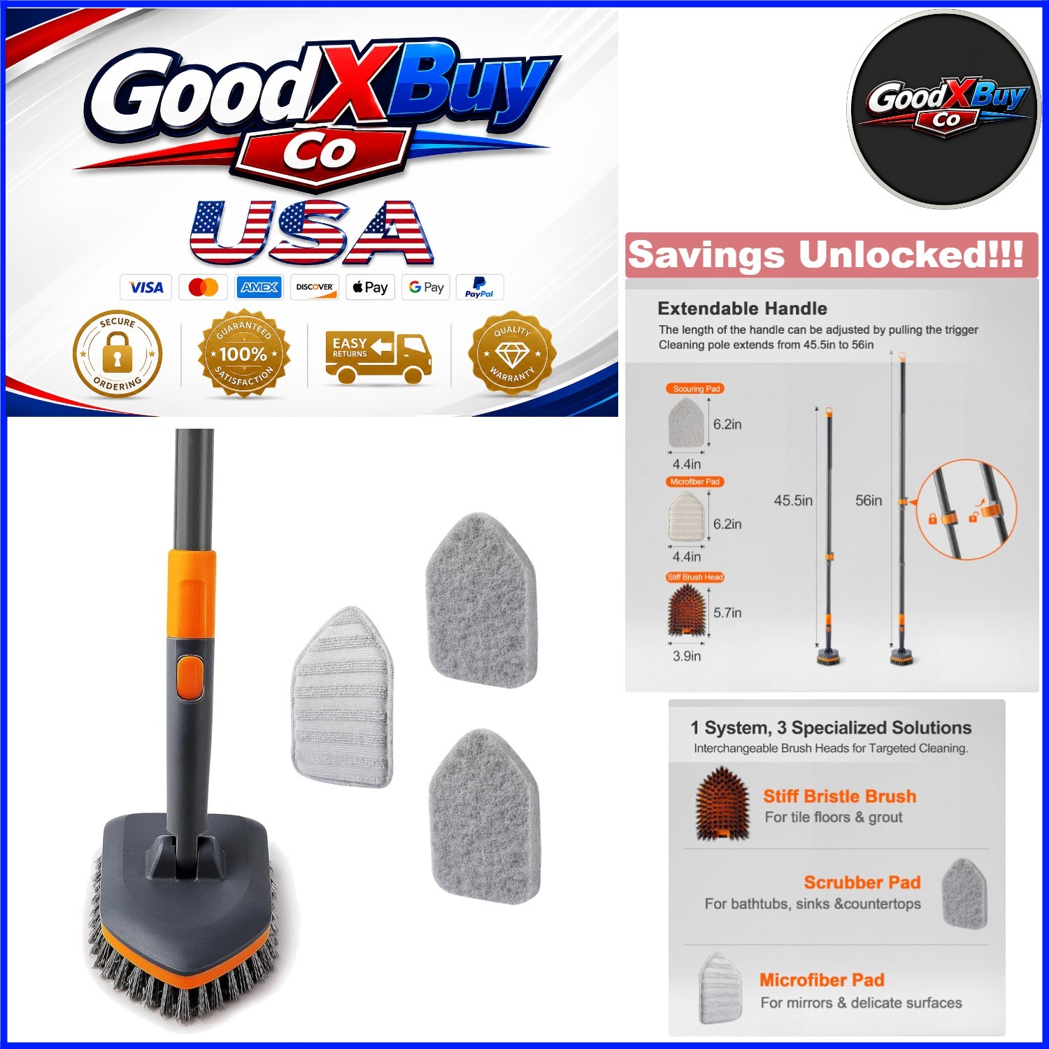 Extendable Tile & Bathroom Scrubber Brush 3-Function Heads Long Handle