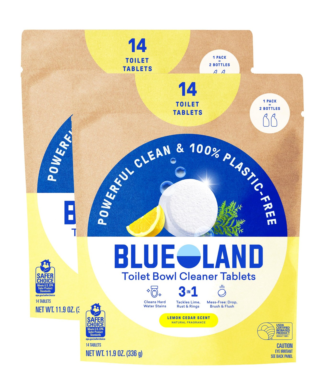BLUELAND Toilet Bowl Cleaner Tablets, 14 Count (Pack of 2), Lemon Cedar, Plas…