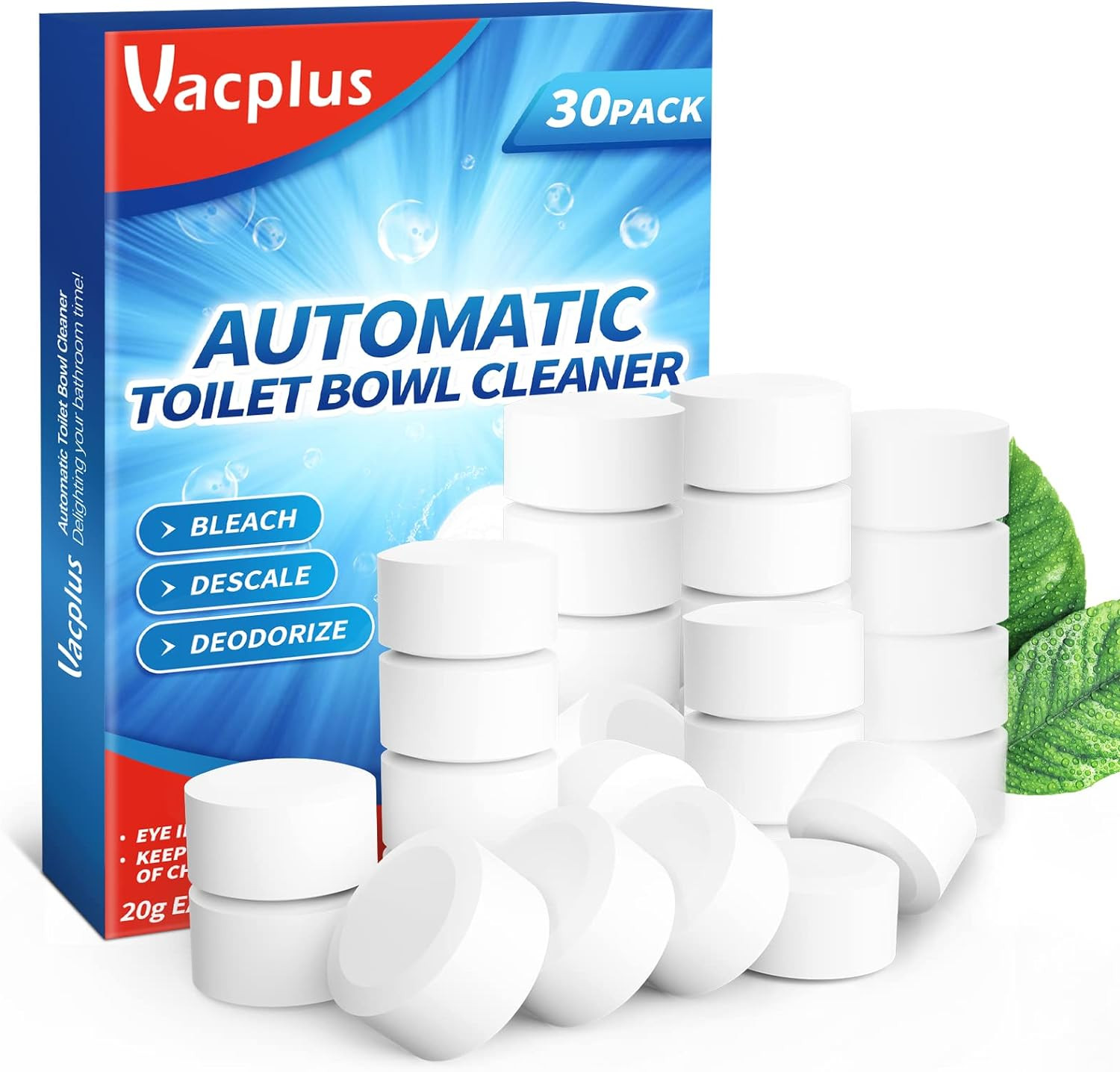 Toilet Bowl Cleaner Tablets 30 PACK, Automatic Toilet Bowl Cleaners with Bleach