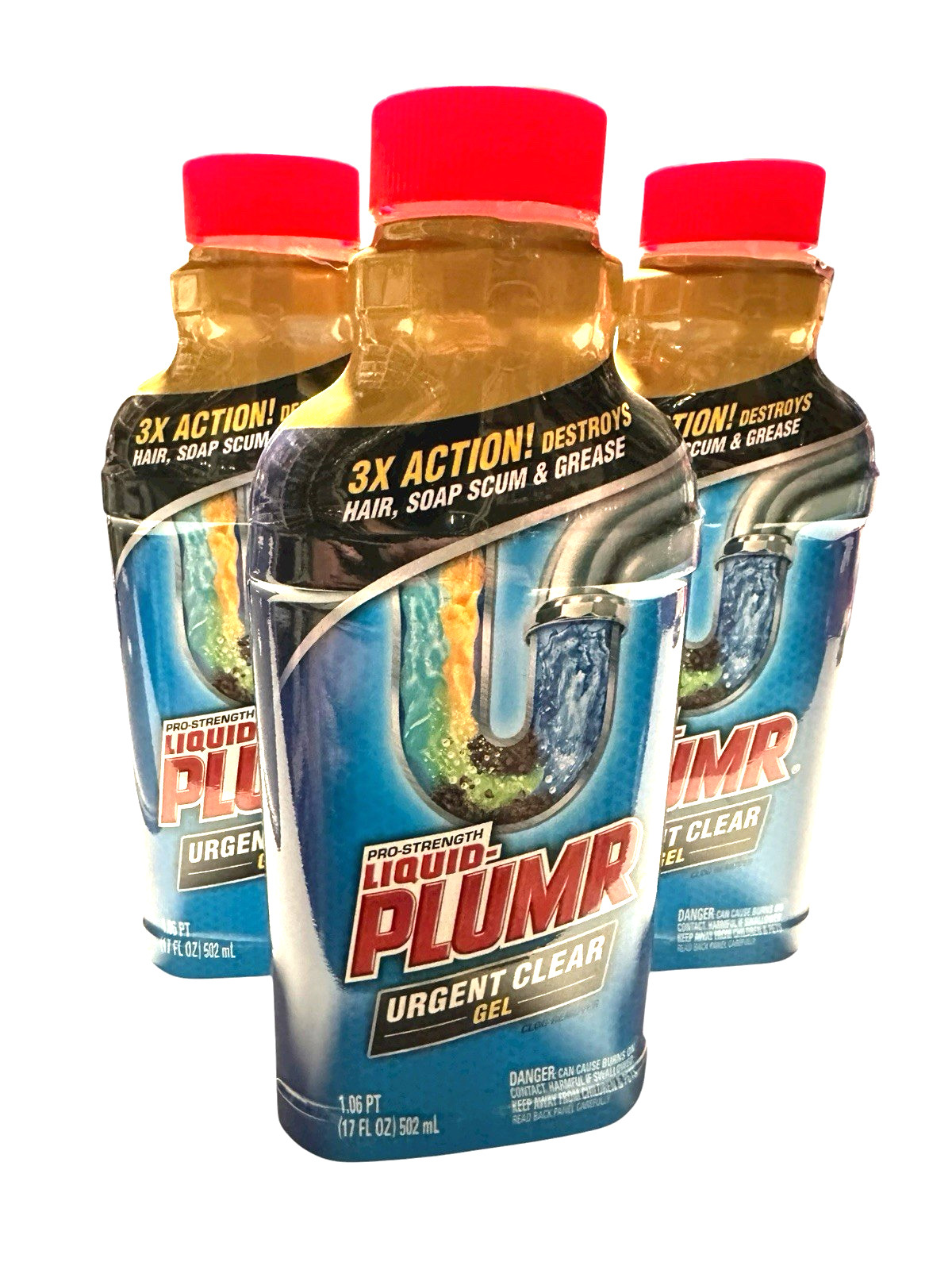 3 x Liquid-Plumr Industrial Strength Urgent Clear, Liquid Drain Cleaner, 17 Oz