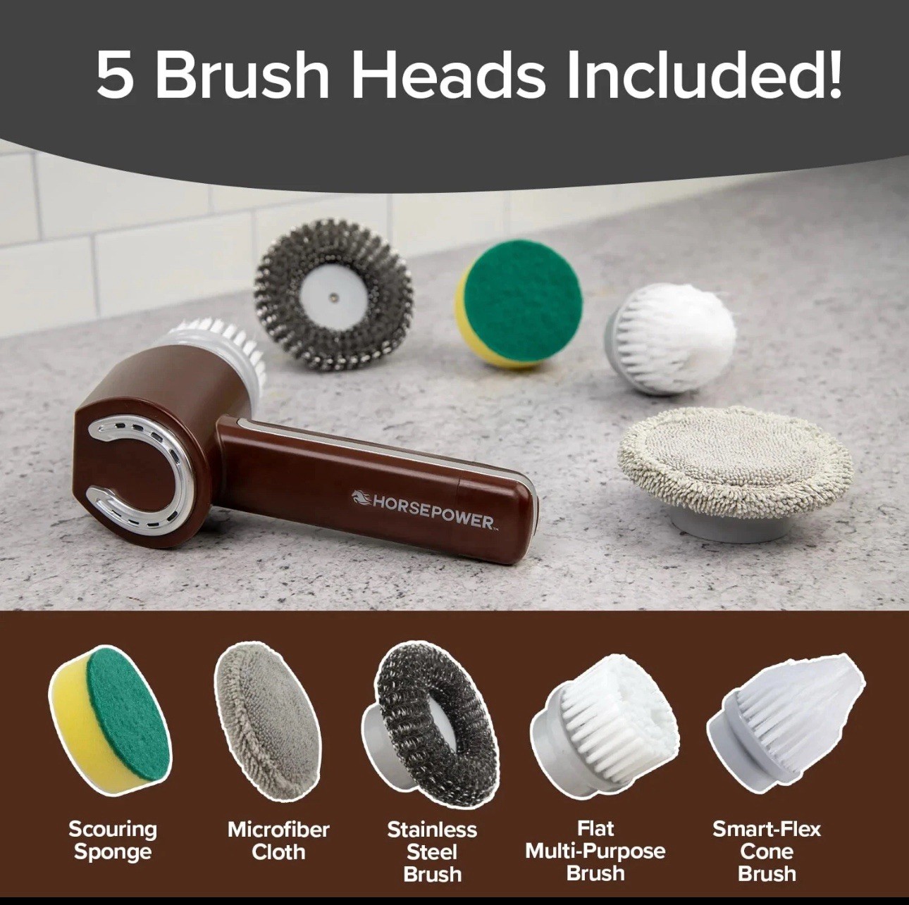 HORSEPOWER RUBY Waterproof Cordless 360° Power Scrubber W/ 5 Heads! – NEW!