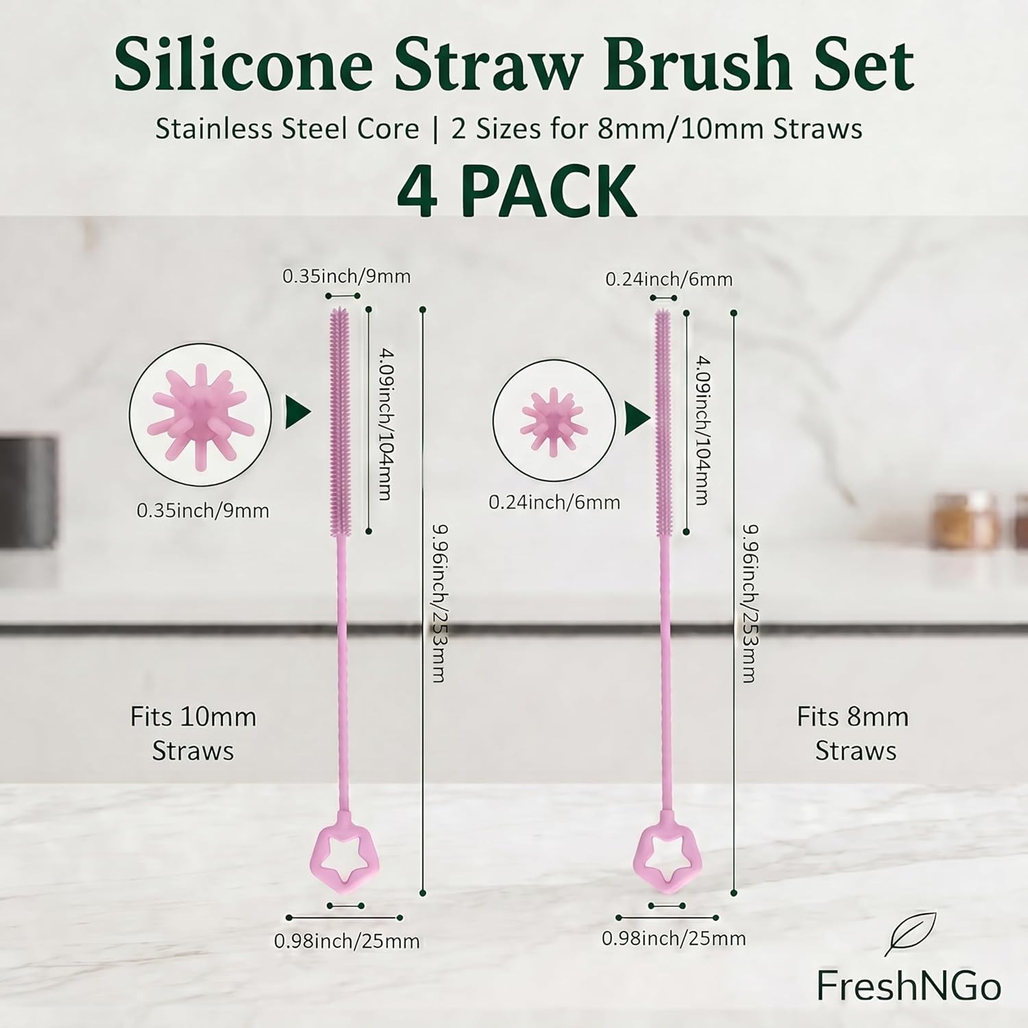 Silicone Straw Cleaner Brush, 4-Pcs Reusable Extra-Long Brush for Cleaning Metal