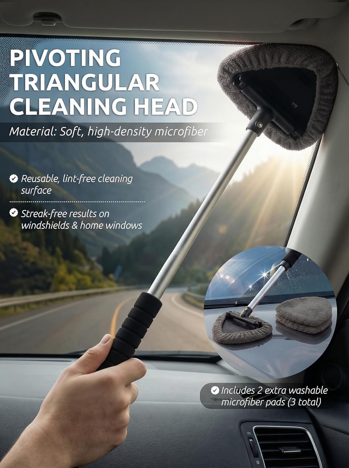 Extendable Car Window Cleaner with Adjustable Head & 3 Microfiber Bonnets – Grey