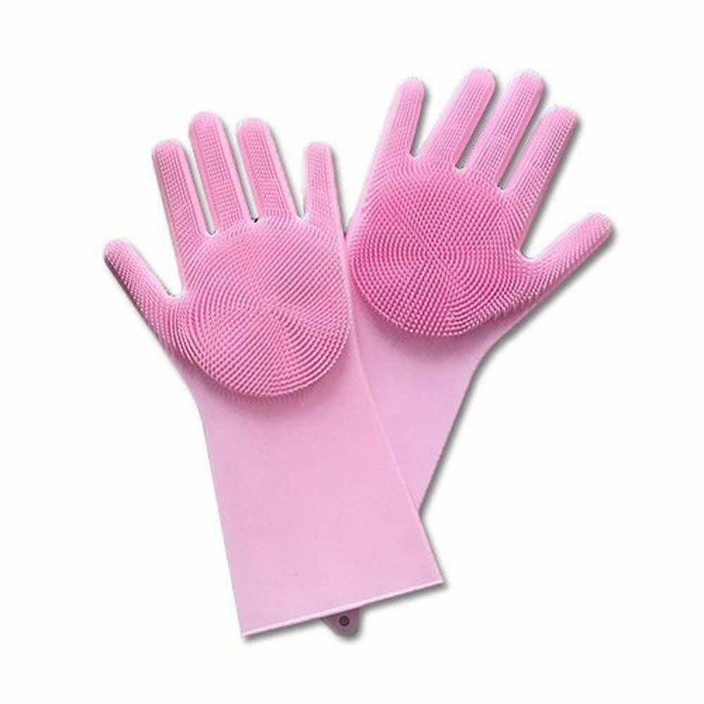 Reusable Silicone Gloves Scrubbing Glove Bristles Scrubber Dishwashing Pink