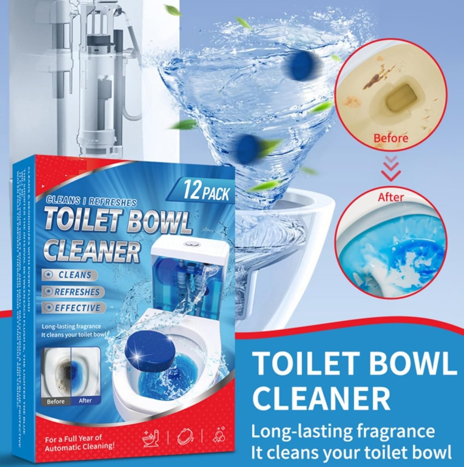 12 Pack Automatic Toilet Bowl Cleaner Tablets Put in the Toilet Tank