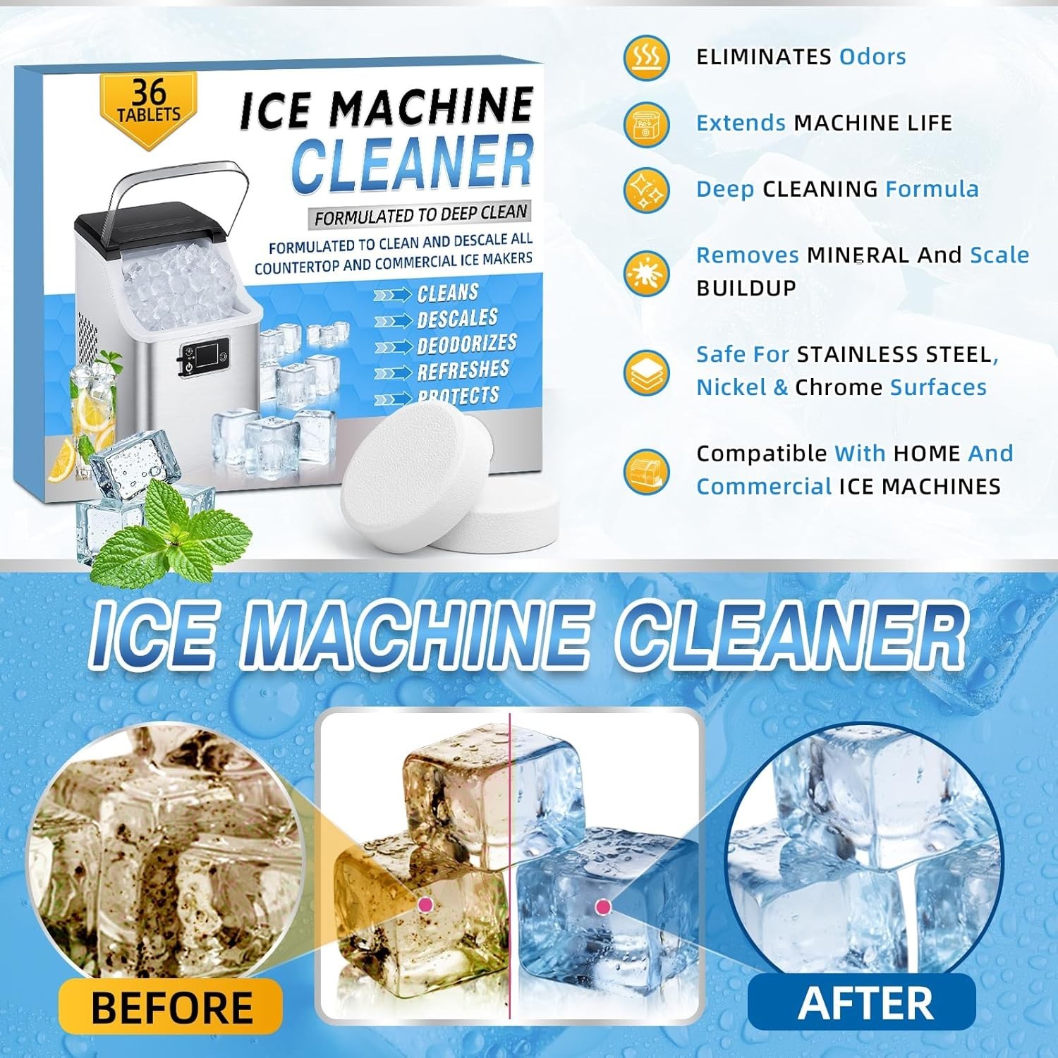 Lemon Scented Ice Machine Cleaner Tablets – 36 Pack, Easy to Use, Eco-Friendly