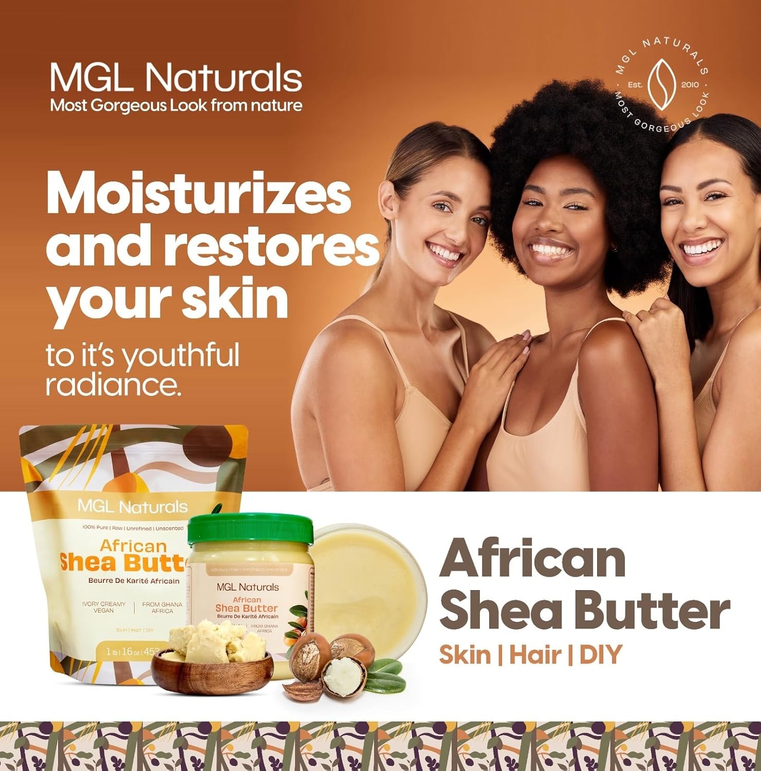 MGL Naturals Raw African Shea Butter Ivory 5 lb, 100% Pure and Unrefined. Nour
