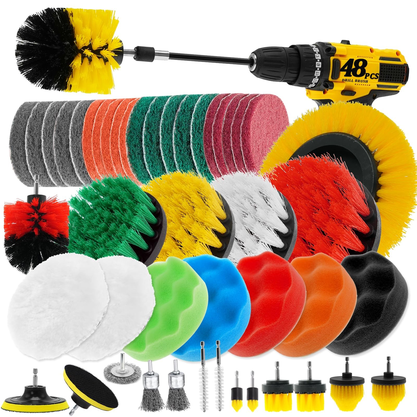 ETOUPA 48 Pcs Drill Brush Attachments Set, Scrub Pads & Sponge & Wire Brush f…