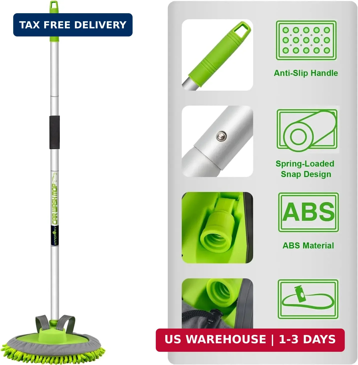 anngrowy 62″ Microfiber Car Wash Brush Mop Kit Mitt Sponge with Long Handle Car