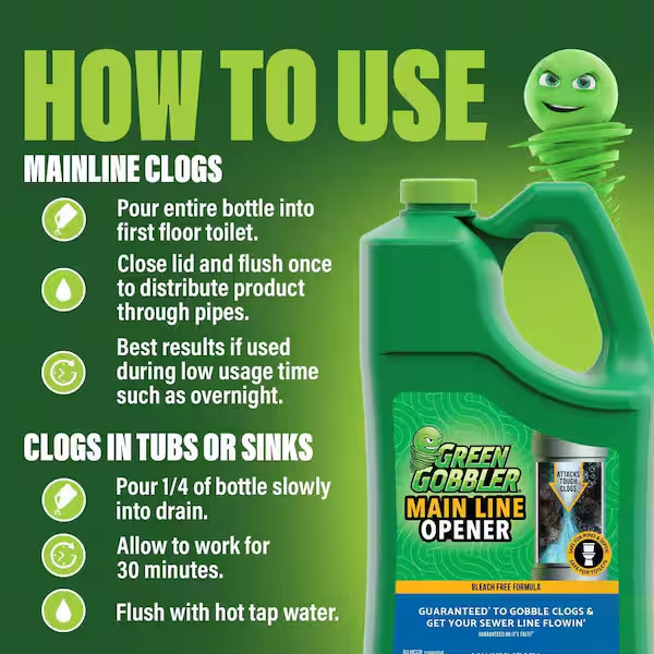 GREEN GOBBLER 1 Gal Drain Cleaner Grease Clog Remover Main Line Opener Toilet