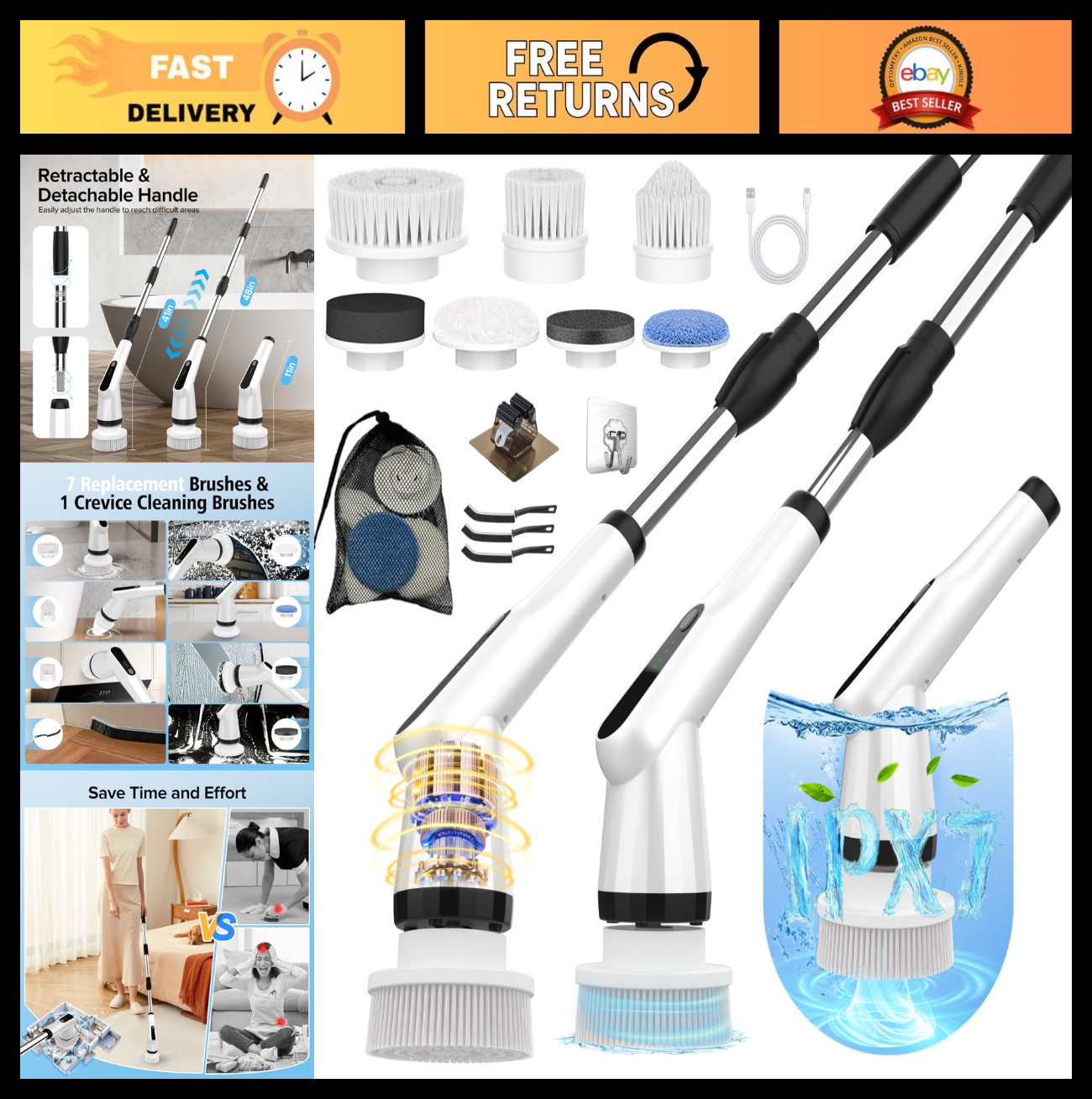 Electric Spin Scrubber with 7 Brush Heads & Retractable Handle – 2-Speed Shower