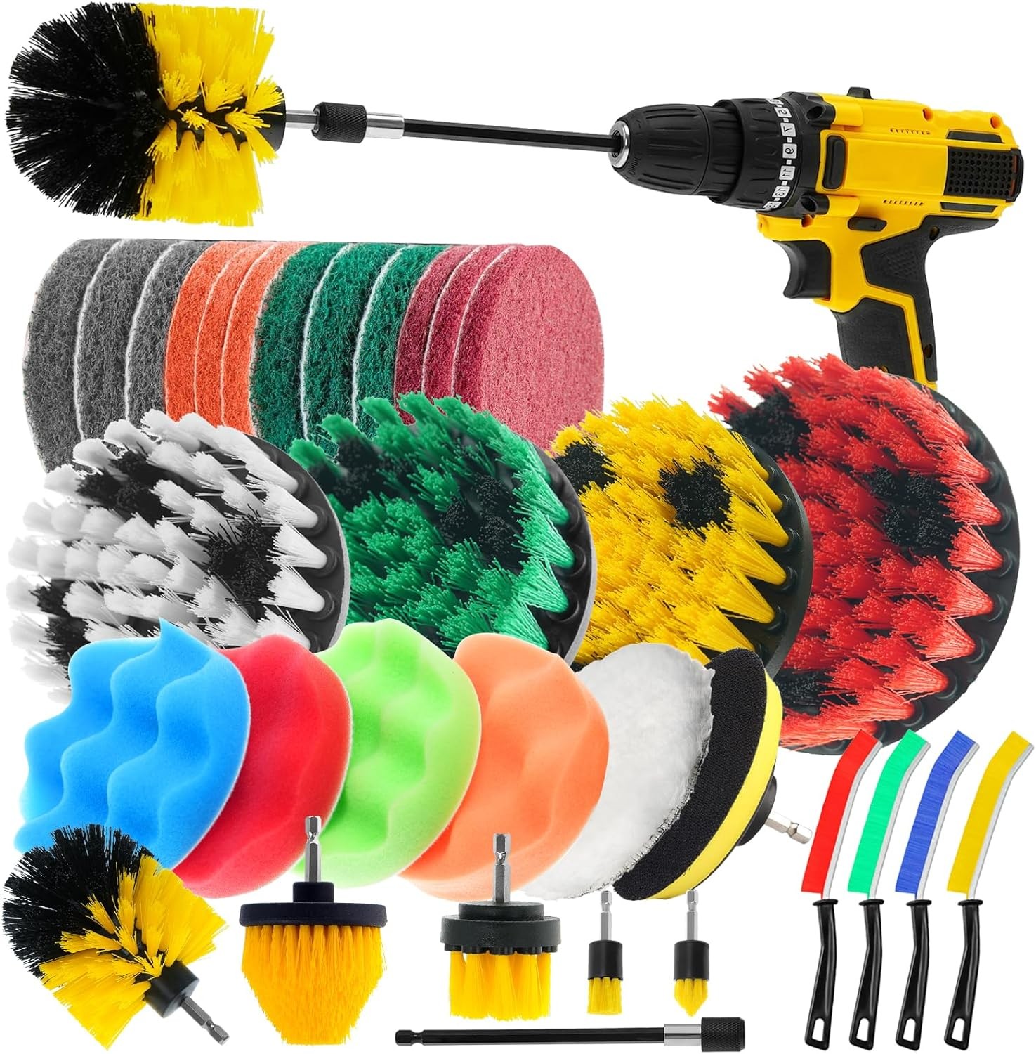 32 Pack Drill Brush Attachments Set Scrub Pads Sponge Buffing Pads Crevice Clean
