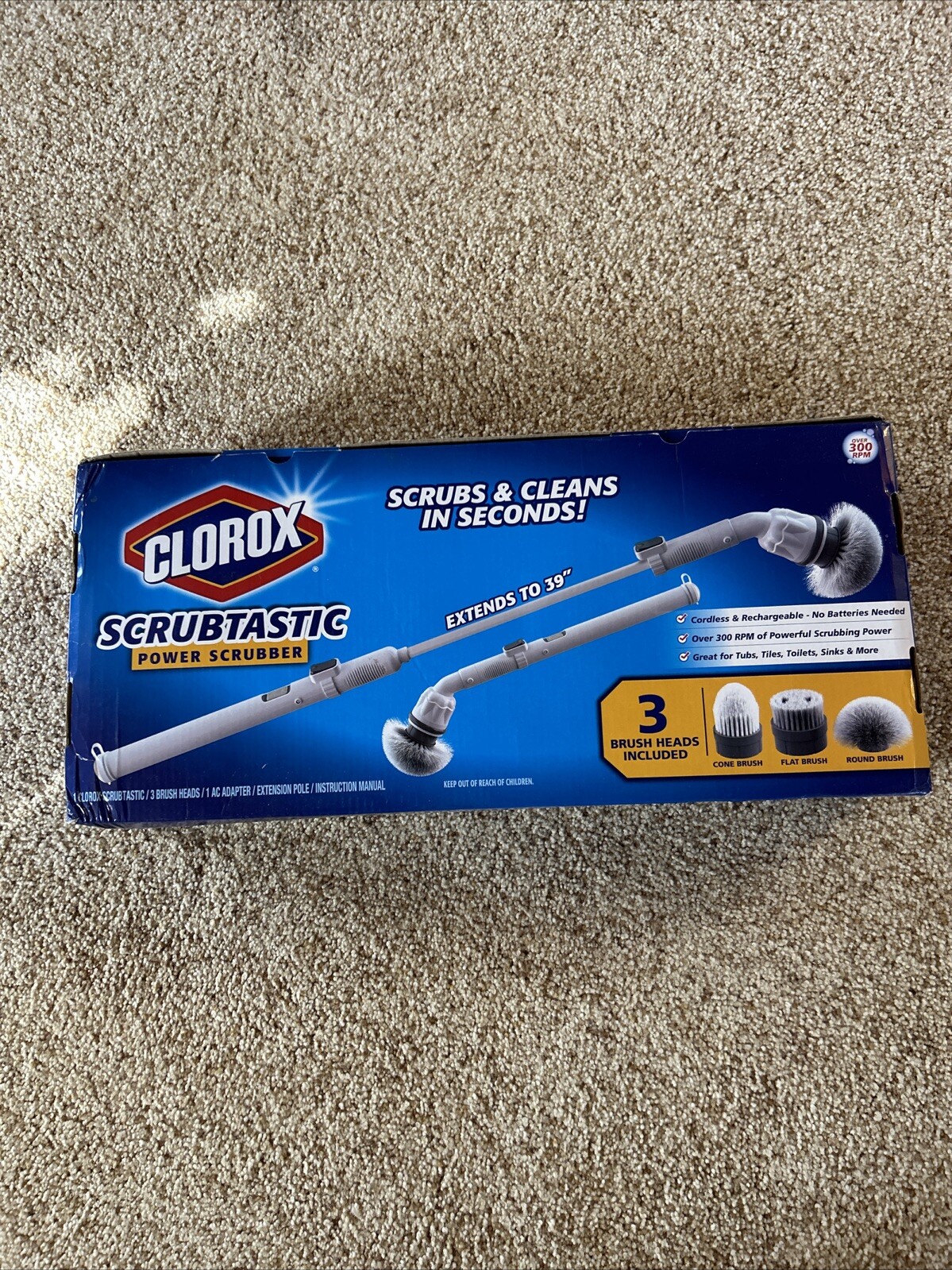 Clorox Deluxe Scrubtastic Power Scrubber 39″ Reach 3 Brush Heads Rechargeable