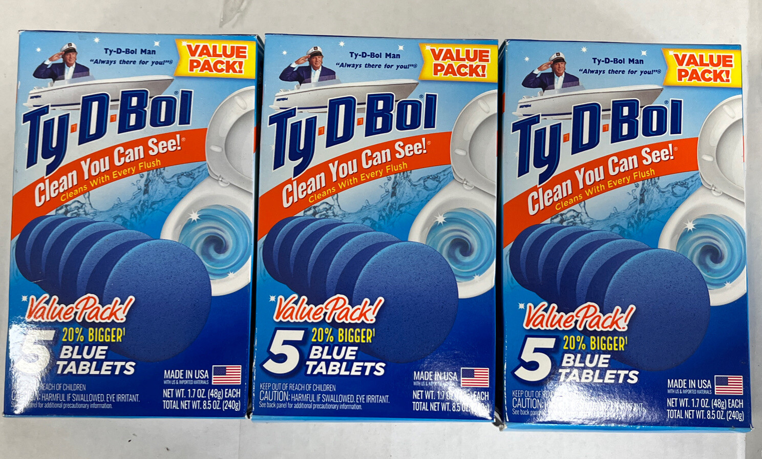 Lot Of 3- Ty-D-Bol Blue Tablets Value 5 Pack Toilet Bowl Cleaner Deodorizer Tabs
