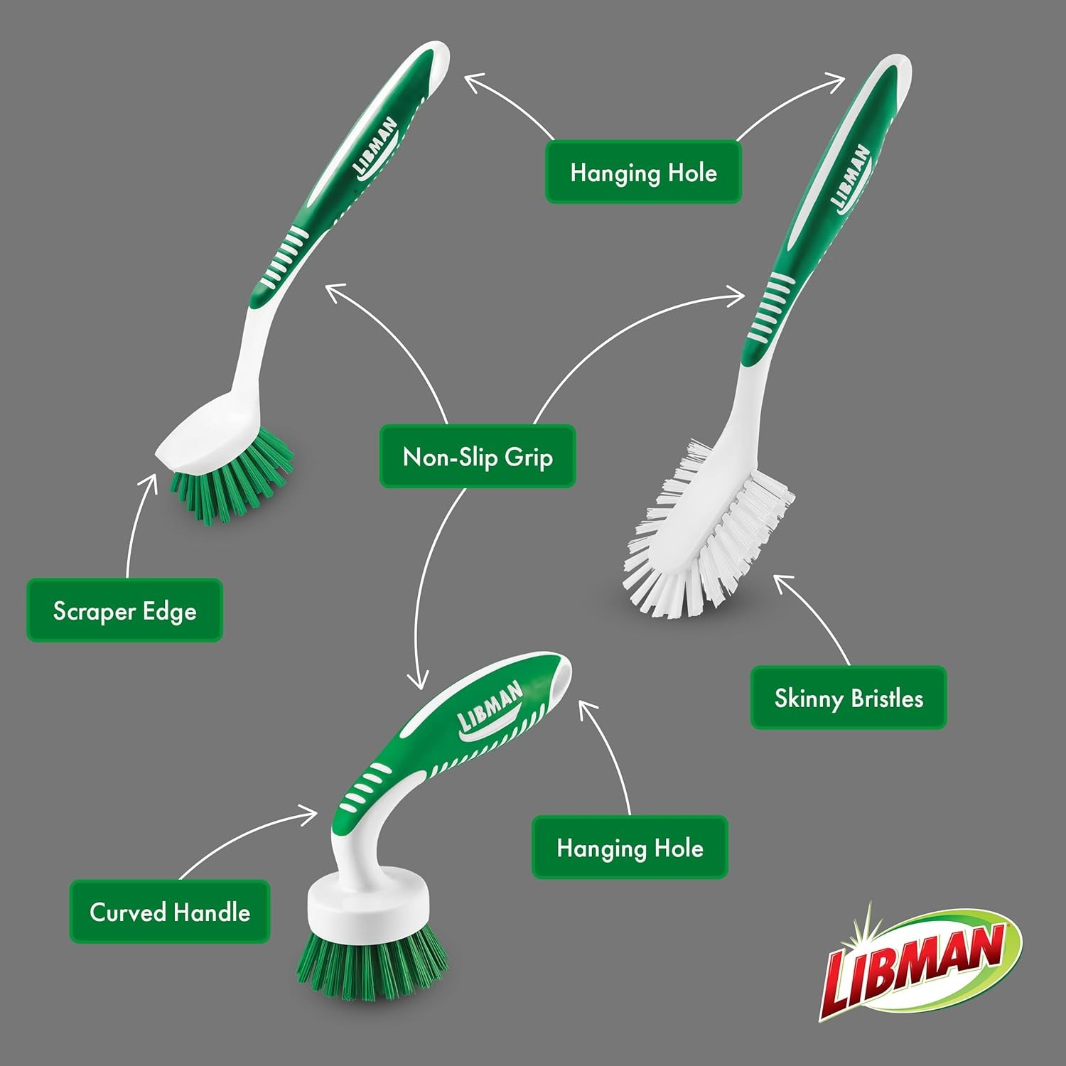 Libman Green & White Cleaning Brush Kit, 3-Piece Set, All-Purpose Brushes for